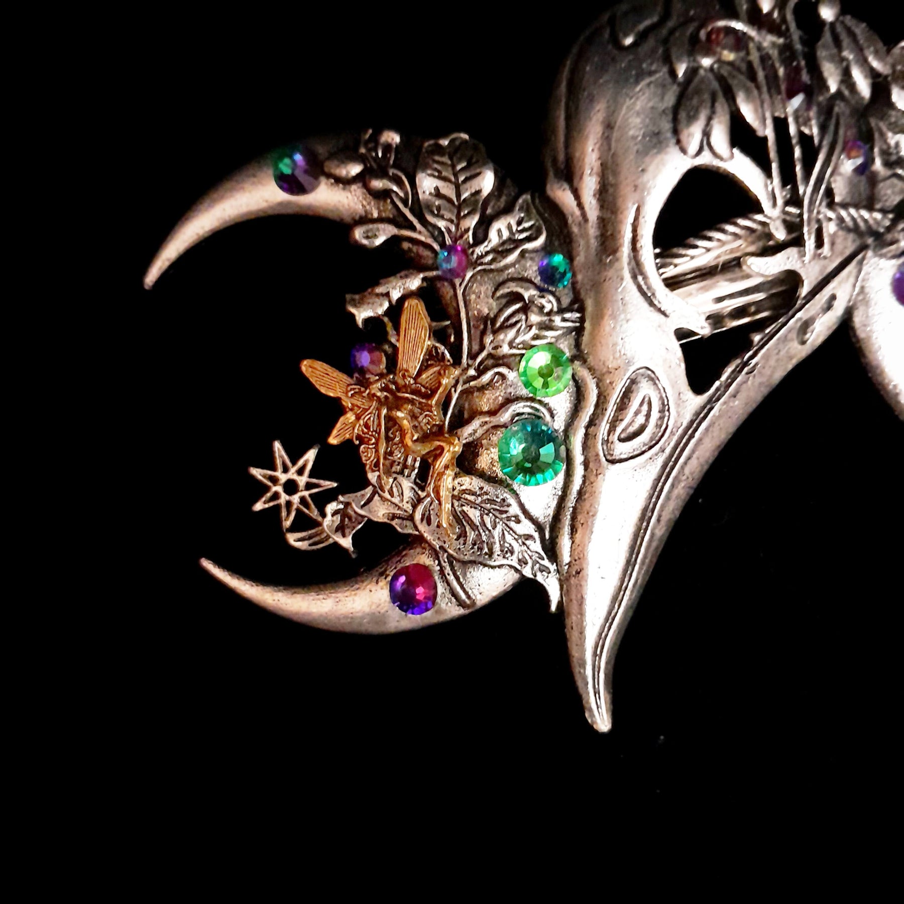 Moon Hairclip Blue Crystal Bird Skull Barrette