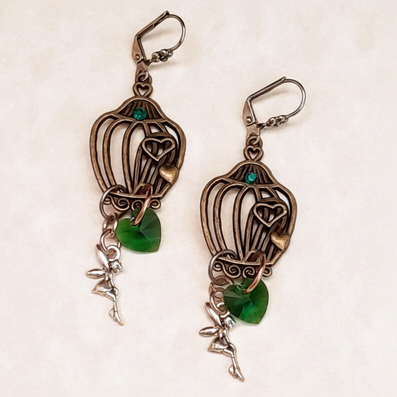 Green Crystal Heart Earrings |Birdcage Fairy