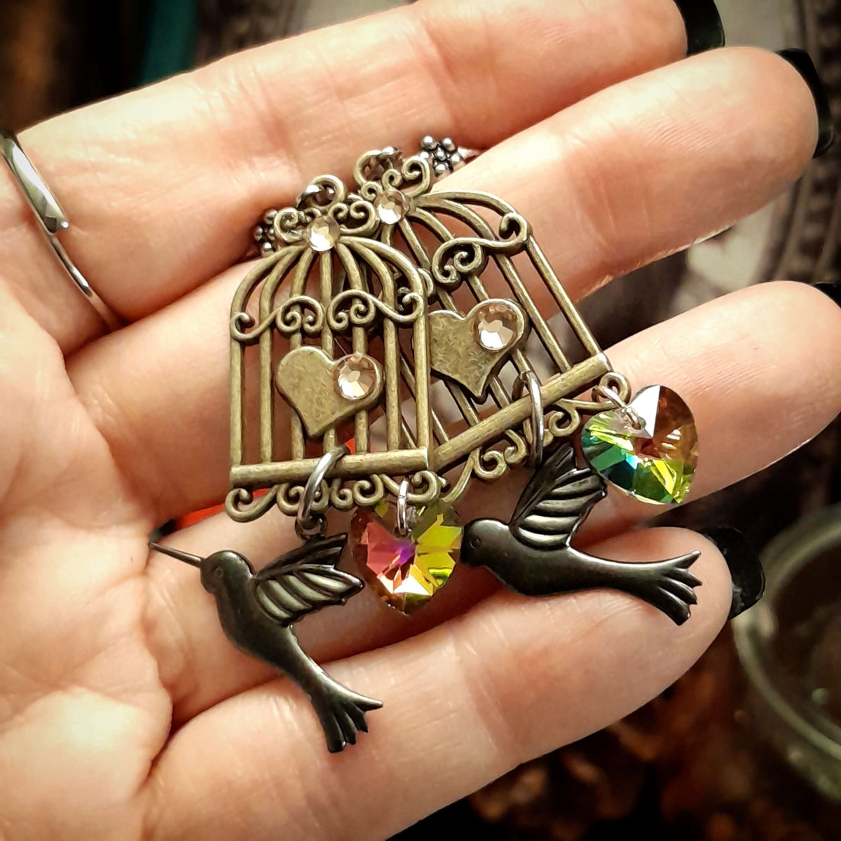 Dangle Earrings Birdcage |Hummingbird Hearts