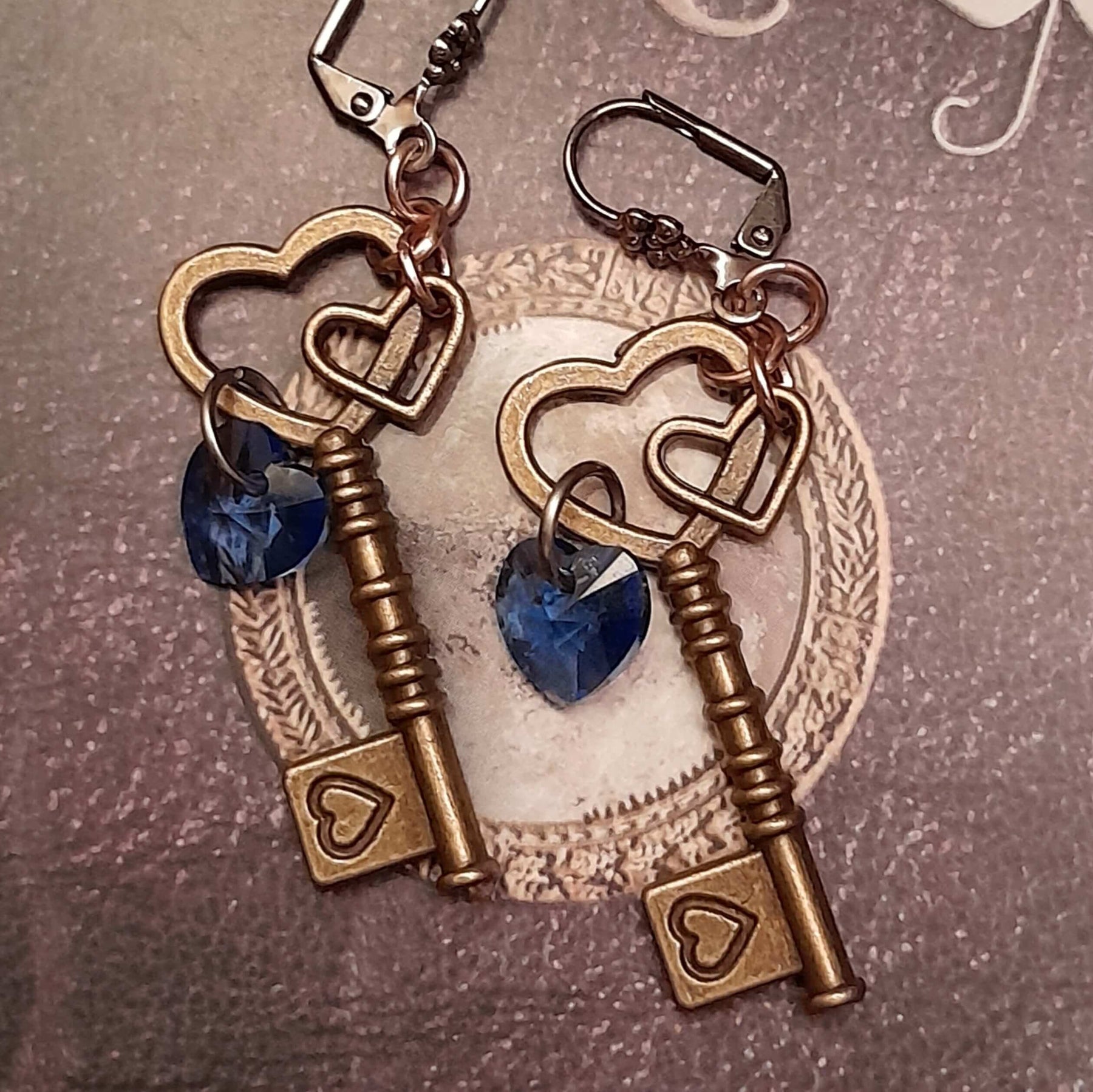 Blue Heart Key Earrings