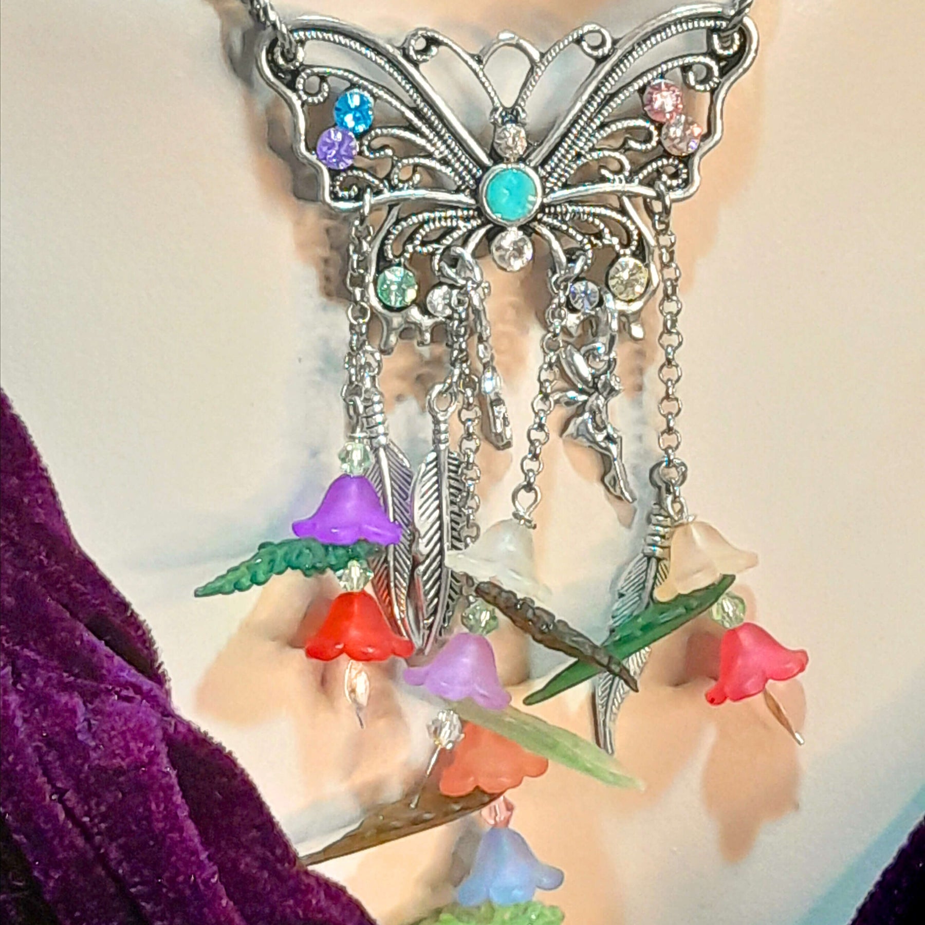 Butterfly Necklace Rainbow Flowers