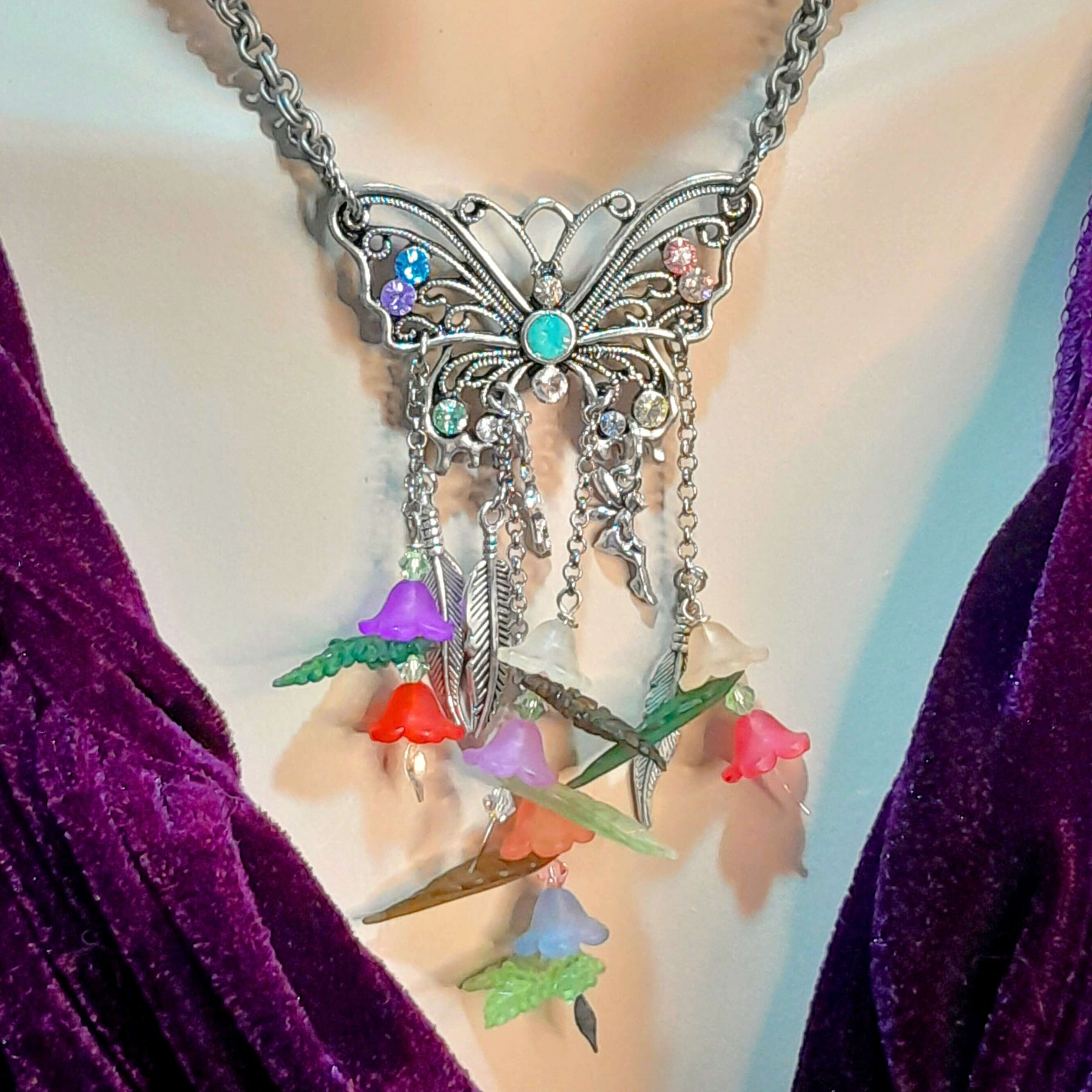 Butterfly Necklace Rainbow Flowers