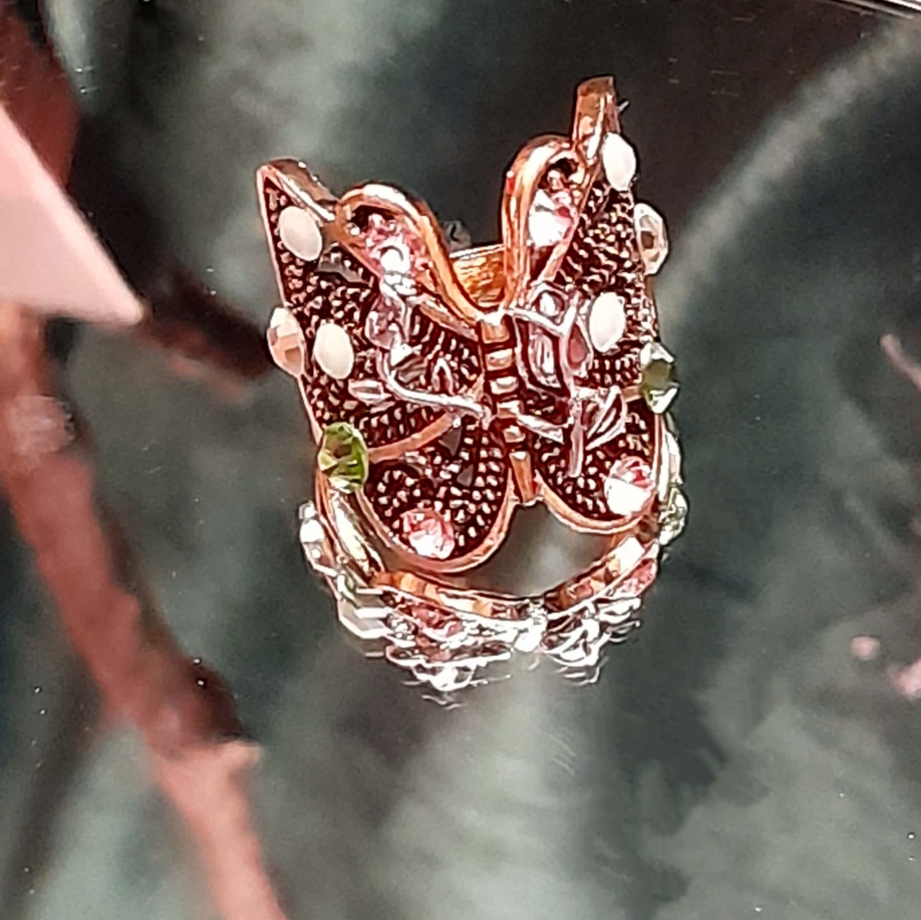 Butterfly Ring Mint Green Crystals Size 6.5