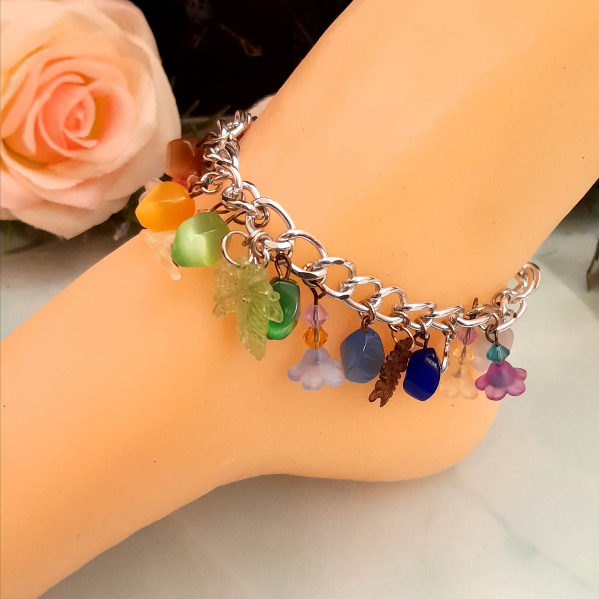 Handmade magical fantasy colorful rainbow flower anklet with cat's eye stones and genuine Austrian crystals, Victorian style vintage style, fairycore boho jewelry