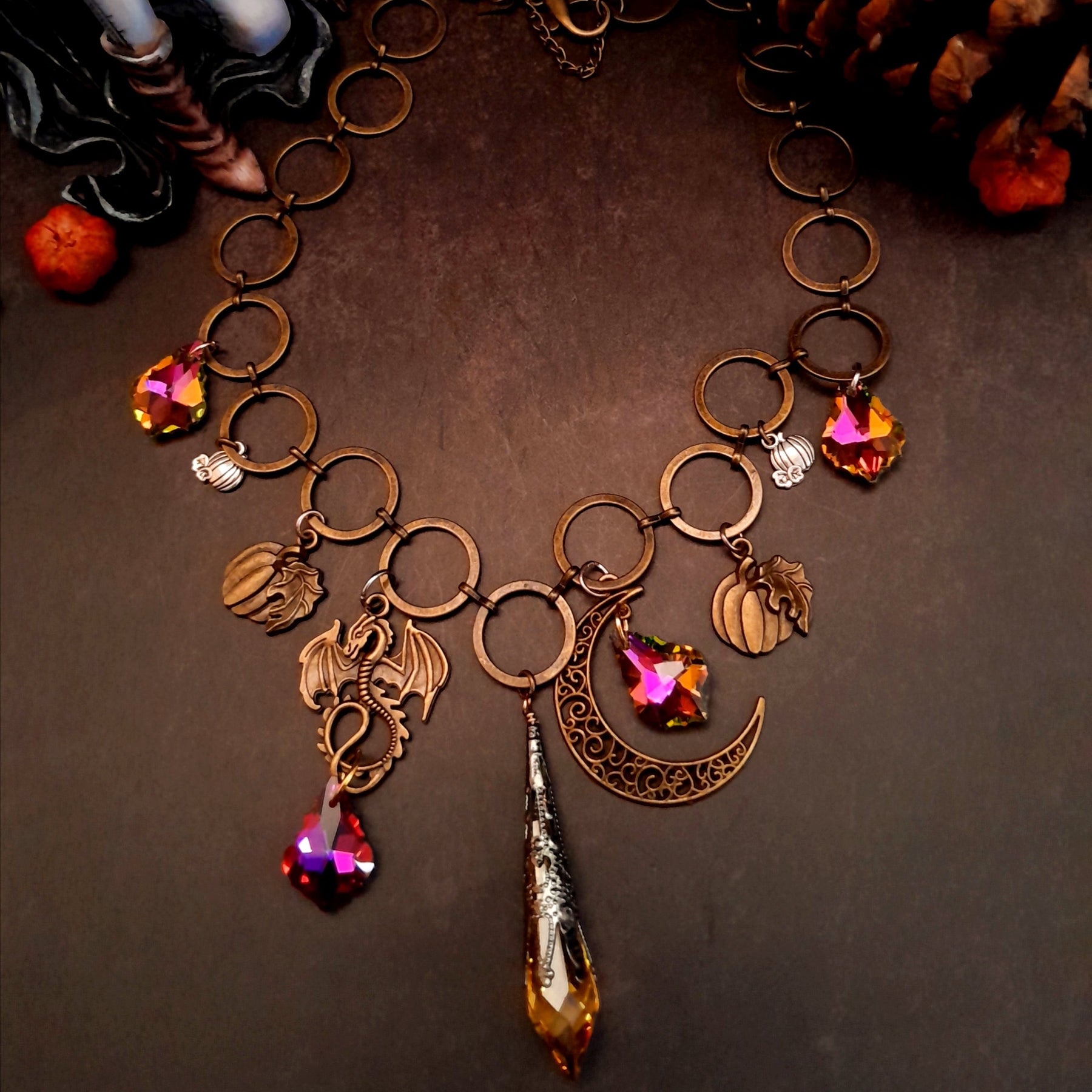 statement necklace with pumpkins dragon leaves brass filigree moon baroque crystals and swarovski yellow icicle crystal round links unique chain