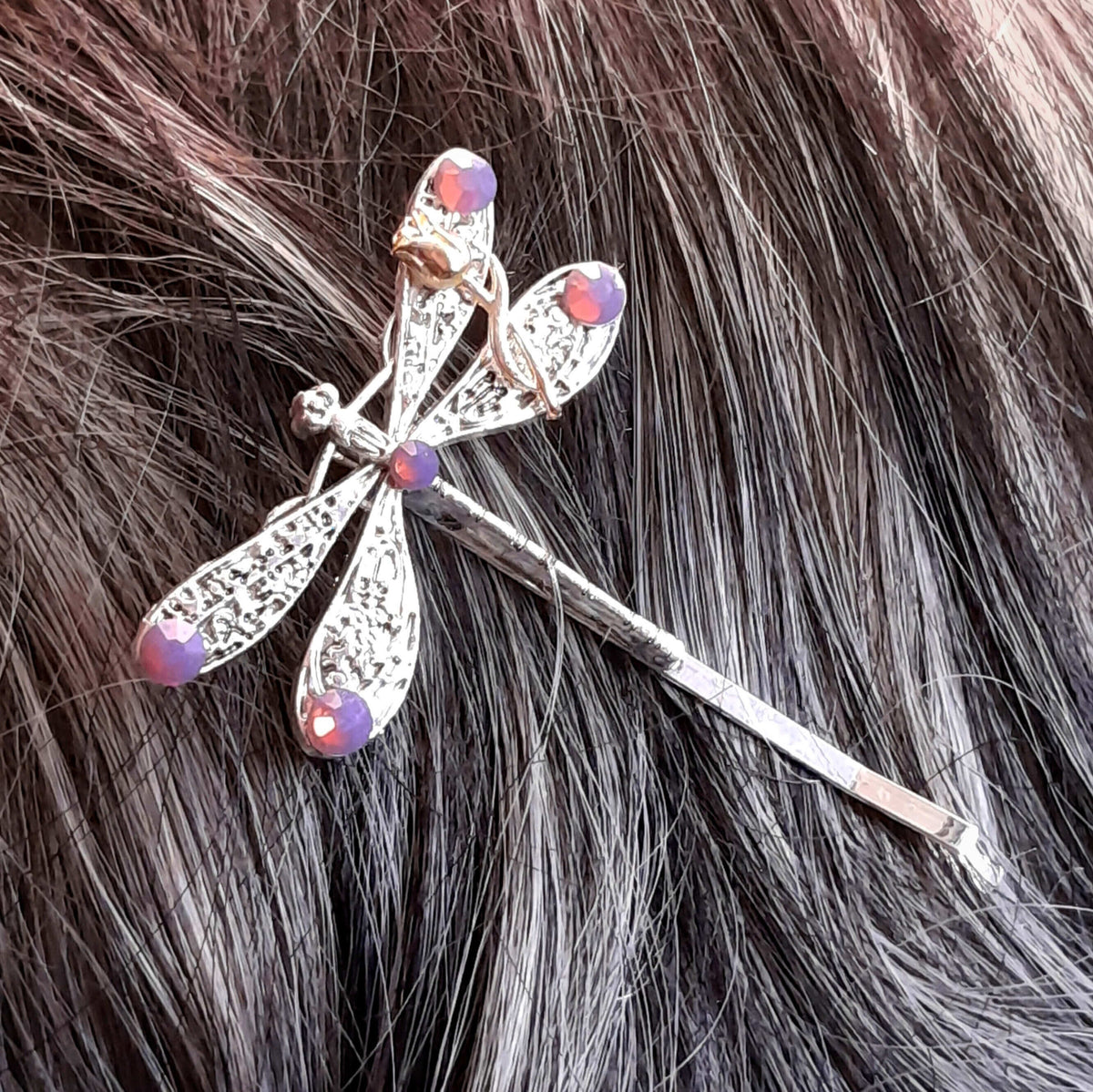 dragonfly hairclip with swarovski amethyst opal purple crystals and a small flower accent