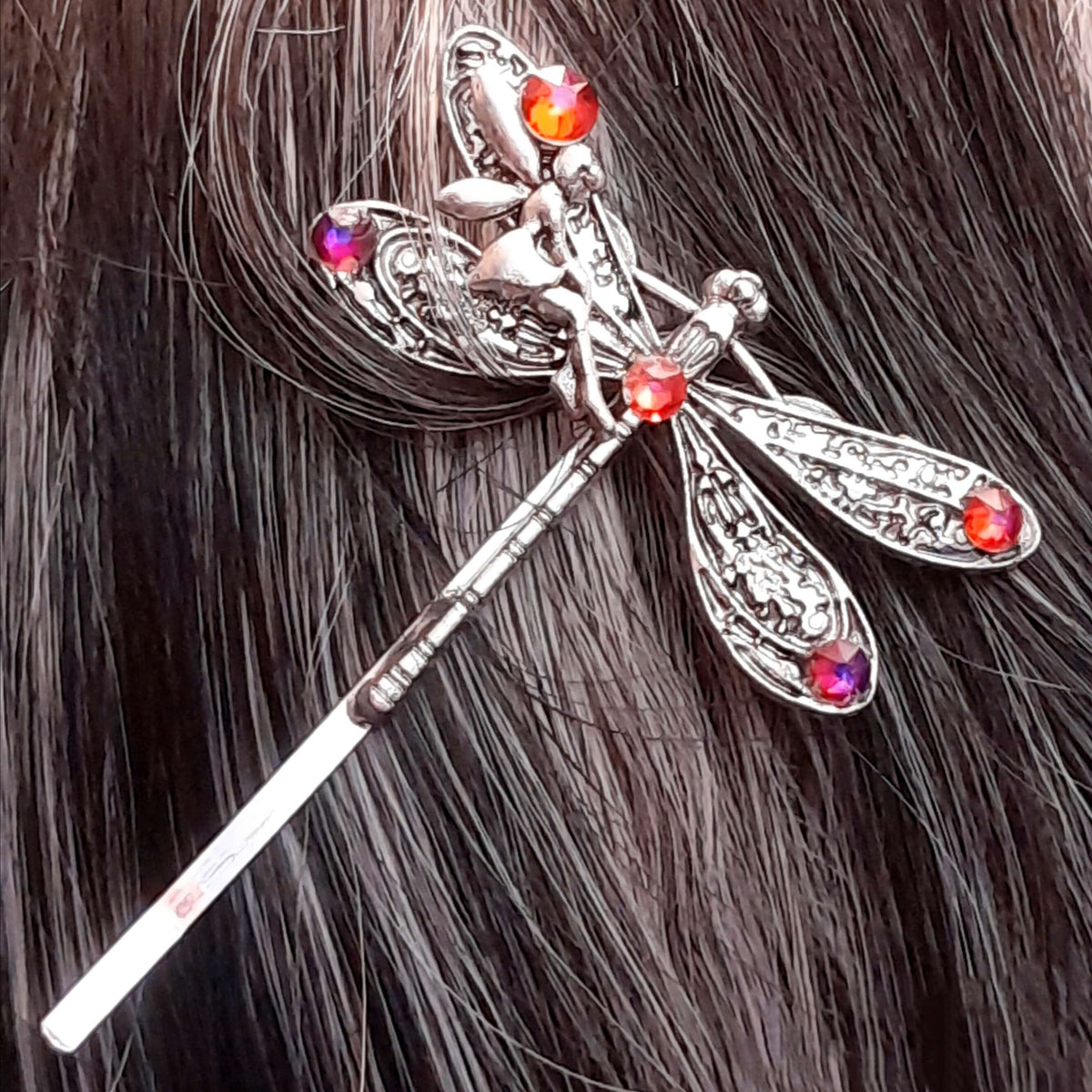 dragonfly hair clip with fairy and crystals