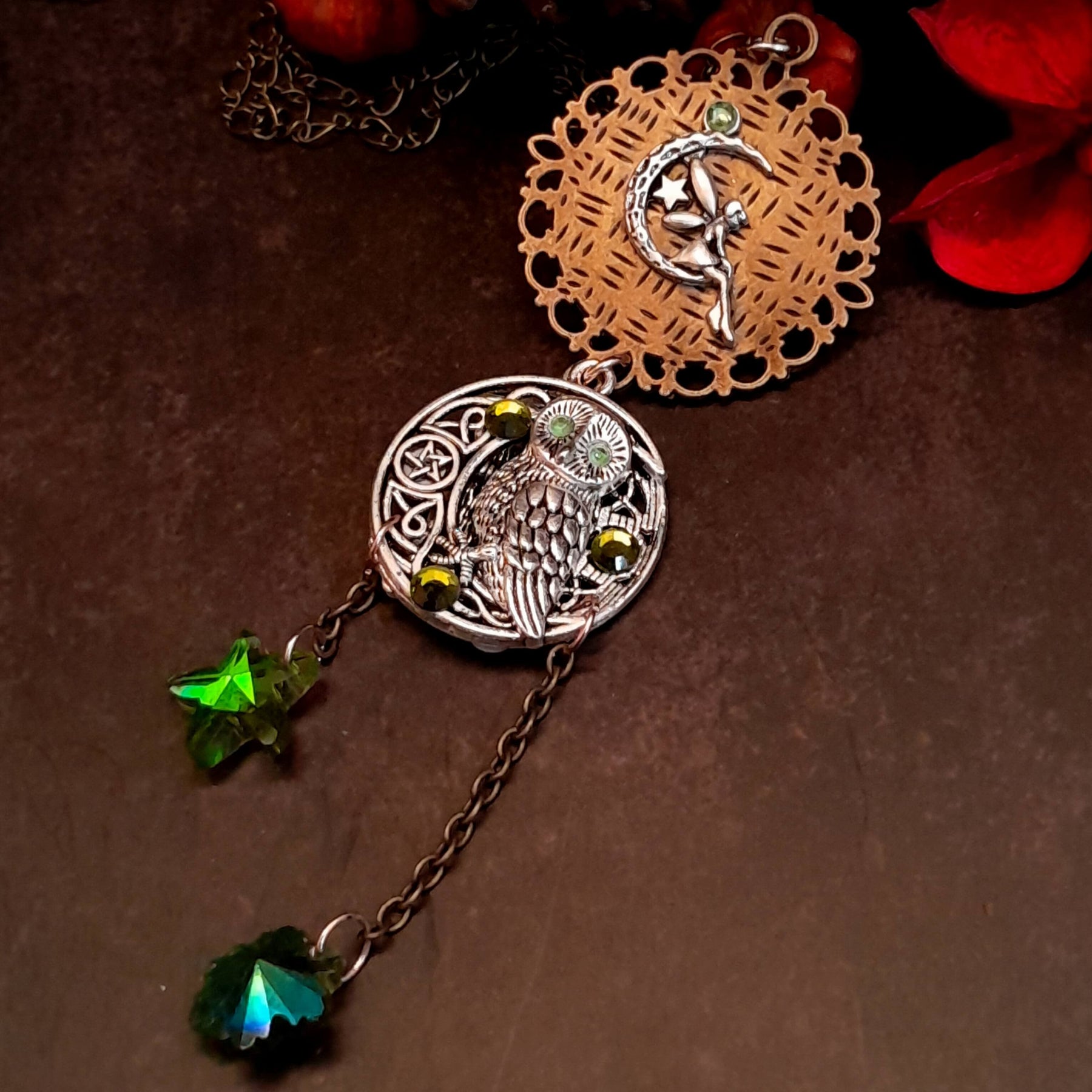 Moon sun cabochon necklace with a double sided owl and green swarovski crystals
