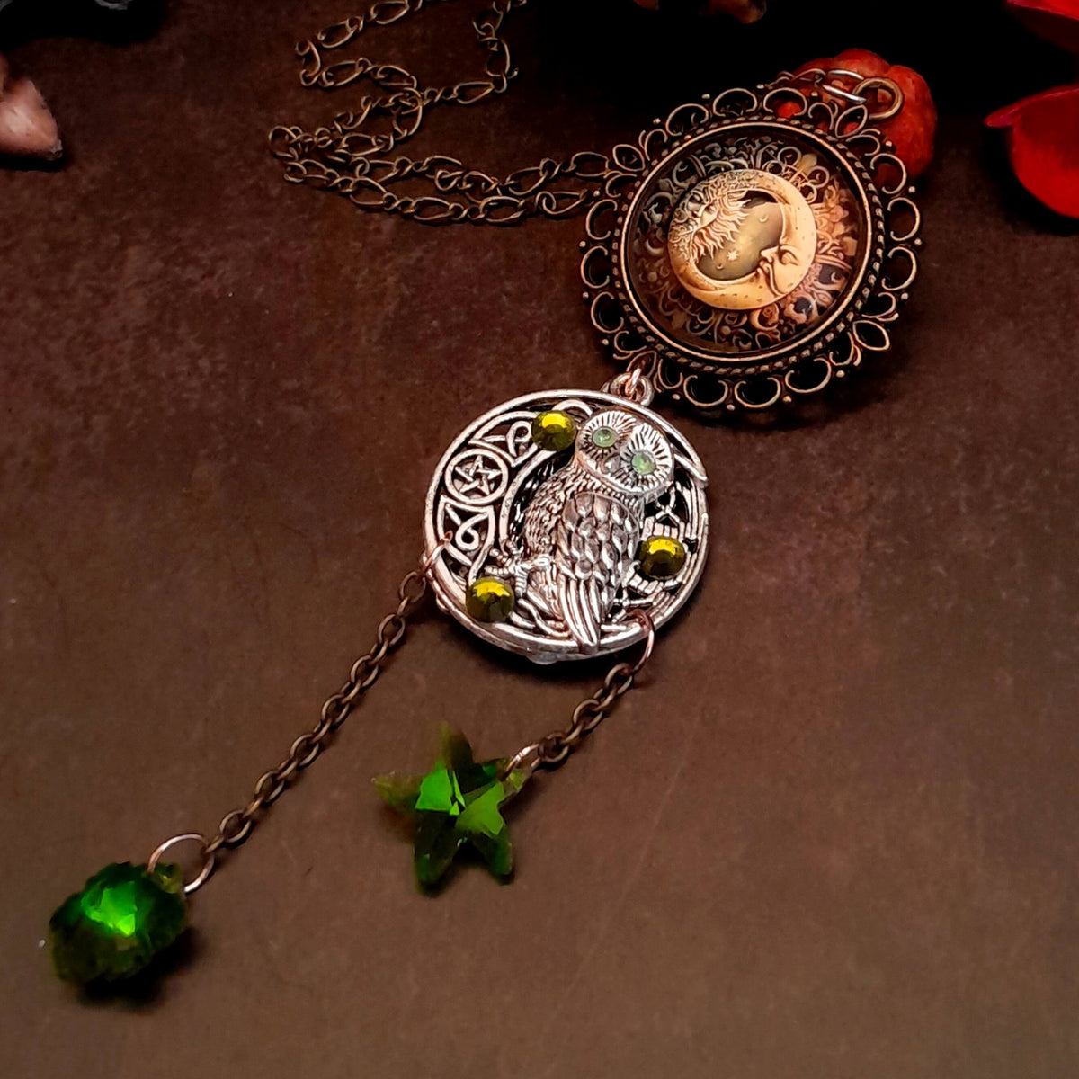 Moon sun cabochon necklace with a double sided owl and green swarovski crystals
