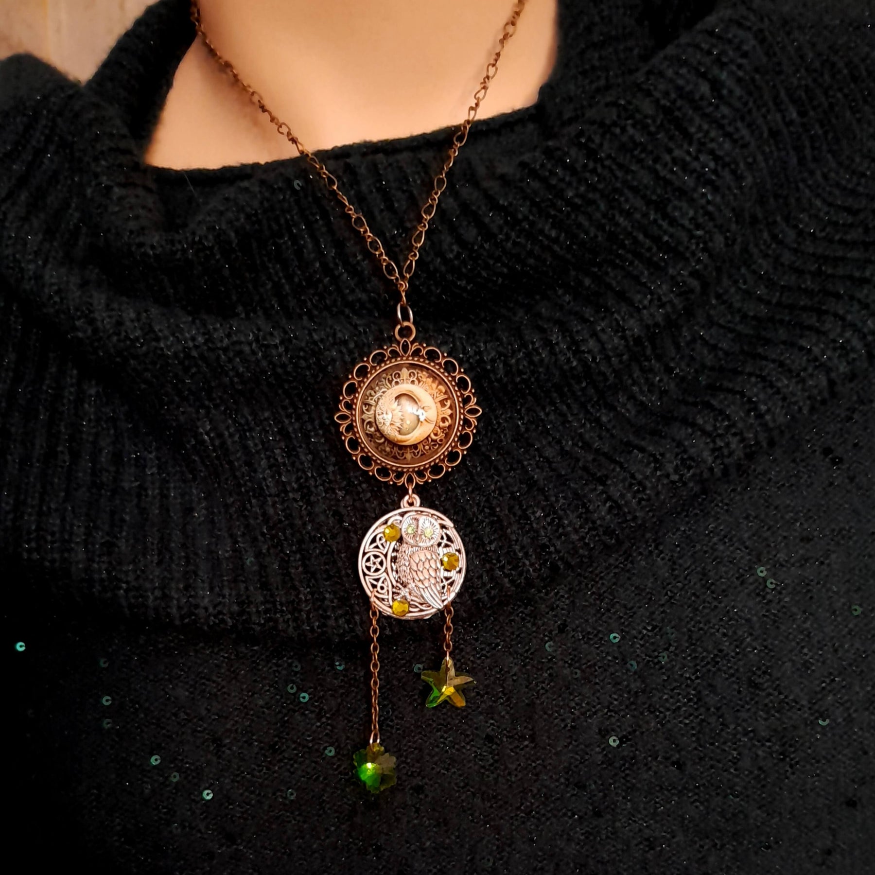 Moon sun cabochon necklace with a double sided owl and green swarovski crystals