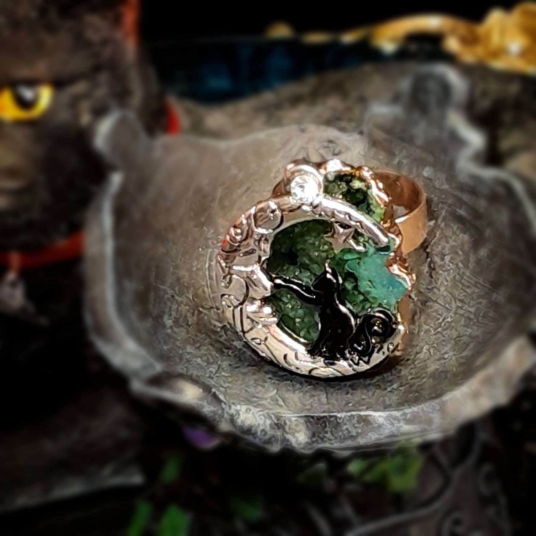 Adjustable Ring Green Geode Cat & Moon