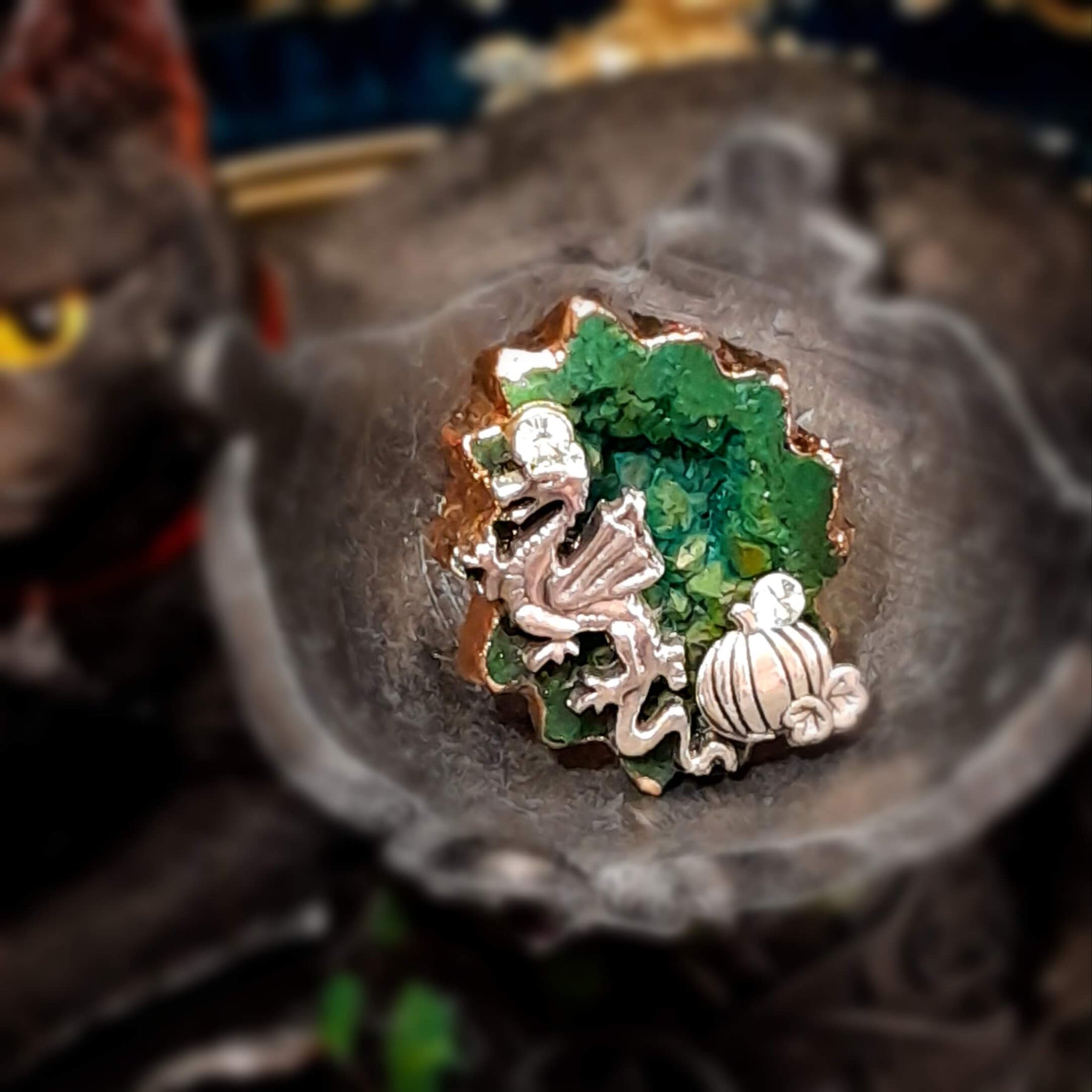 Adjustable Ring Green Geode Dragon