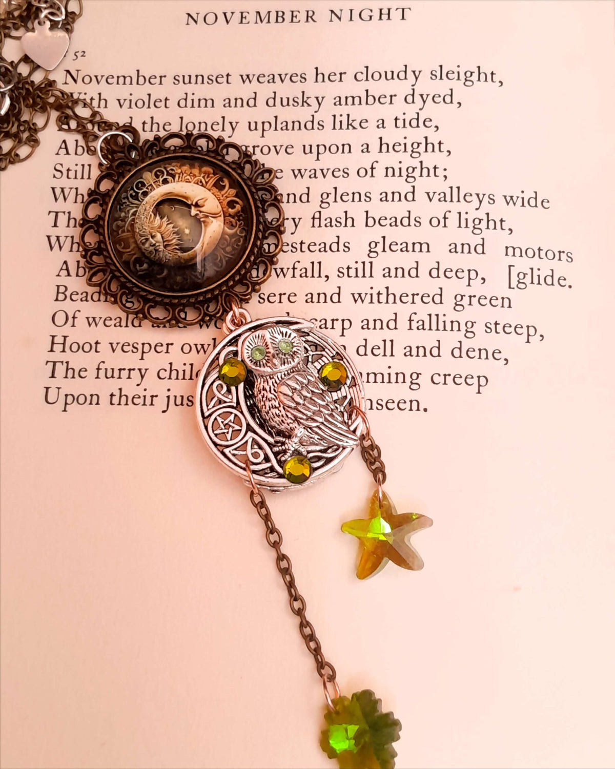 Moon sun cabochon necklace with a double sided owl and green swarovski crystals