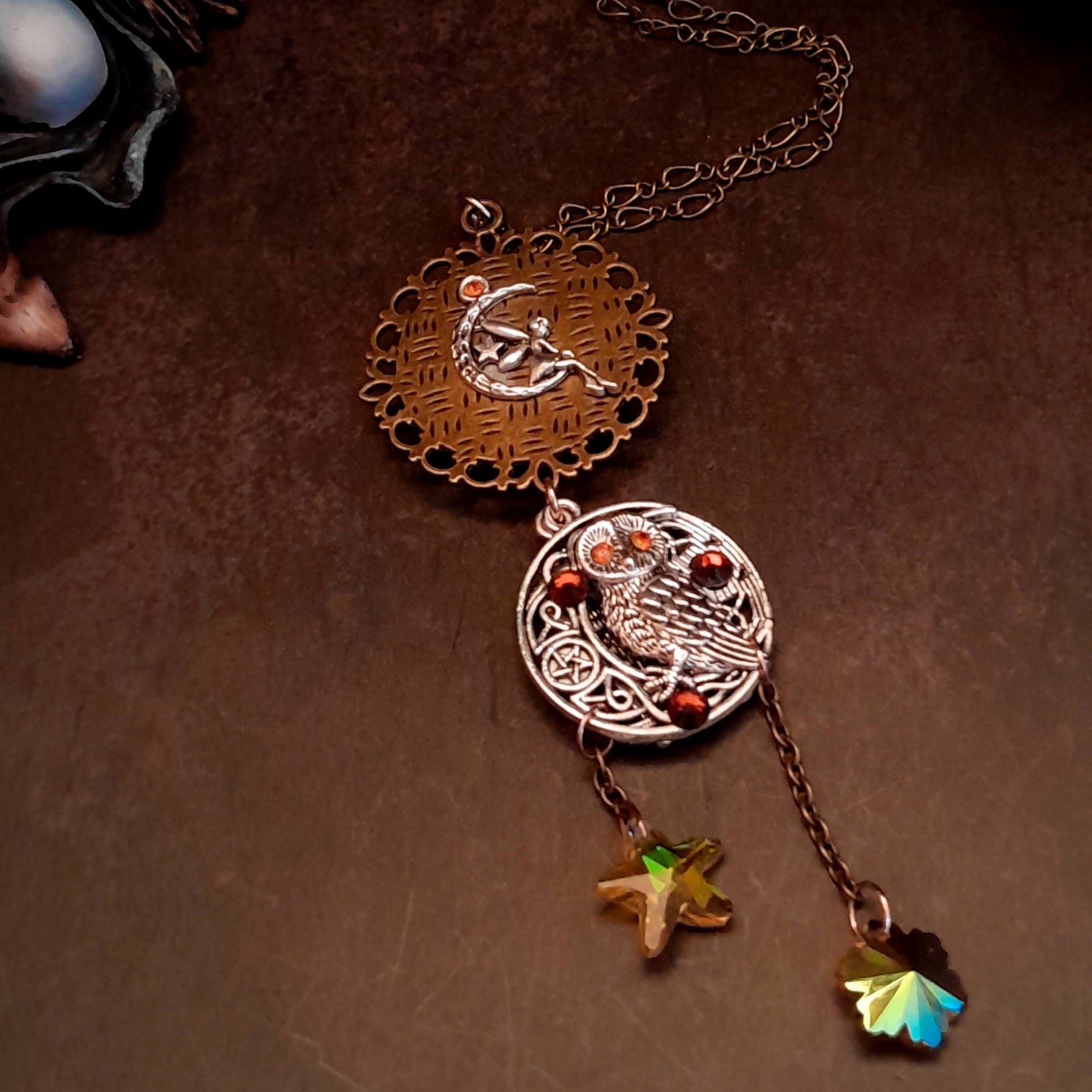 bohemian necklace moon and sunn cabochon owl and yellow crystal star and flower
