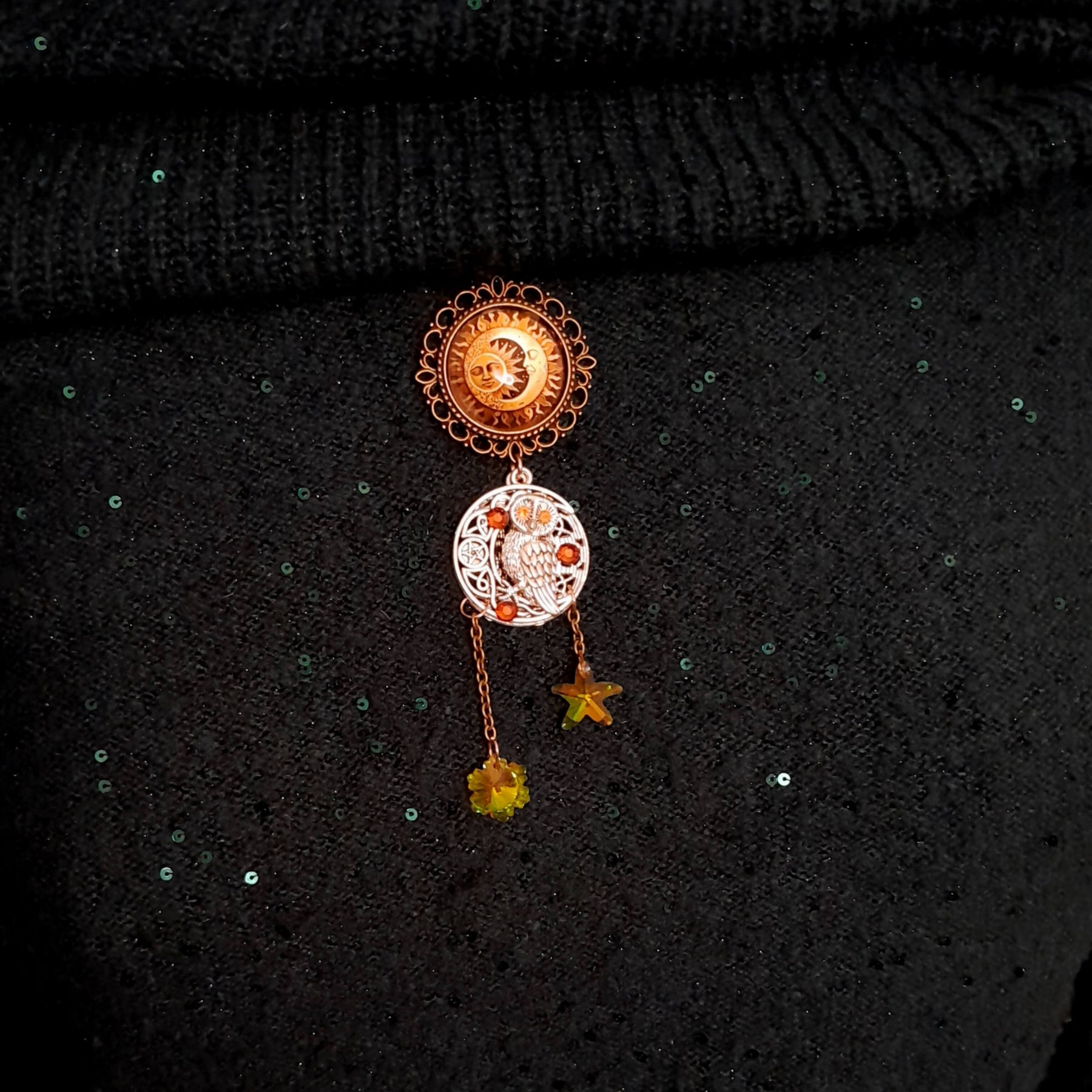 bohemian necklace moon and sunn cabochon owl and yellow crystal star and flower