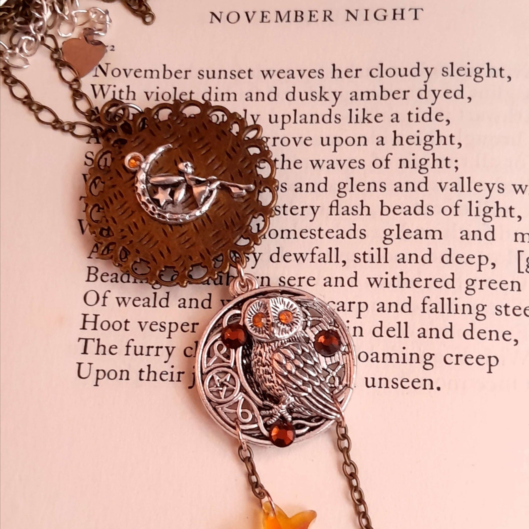 bohemian necklace moon and sunn cabochon owl and yellow crystal star and flower
