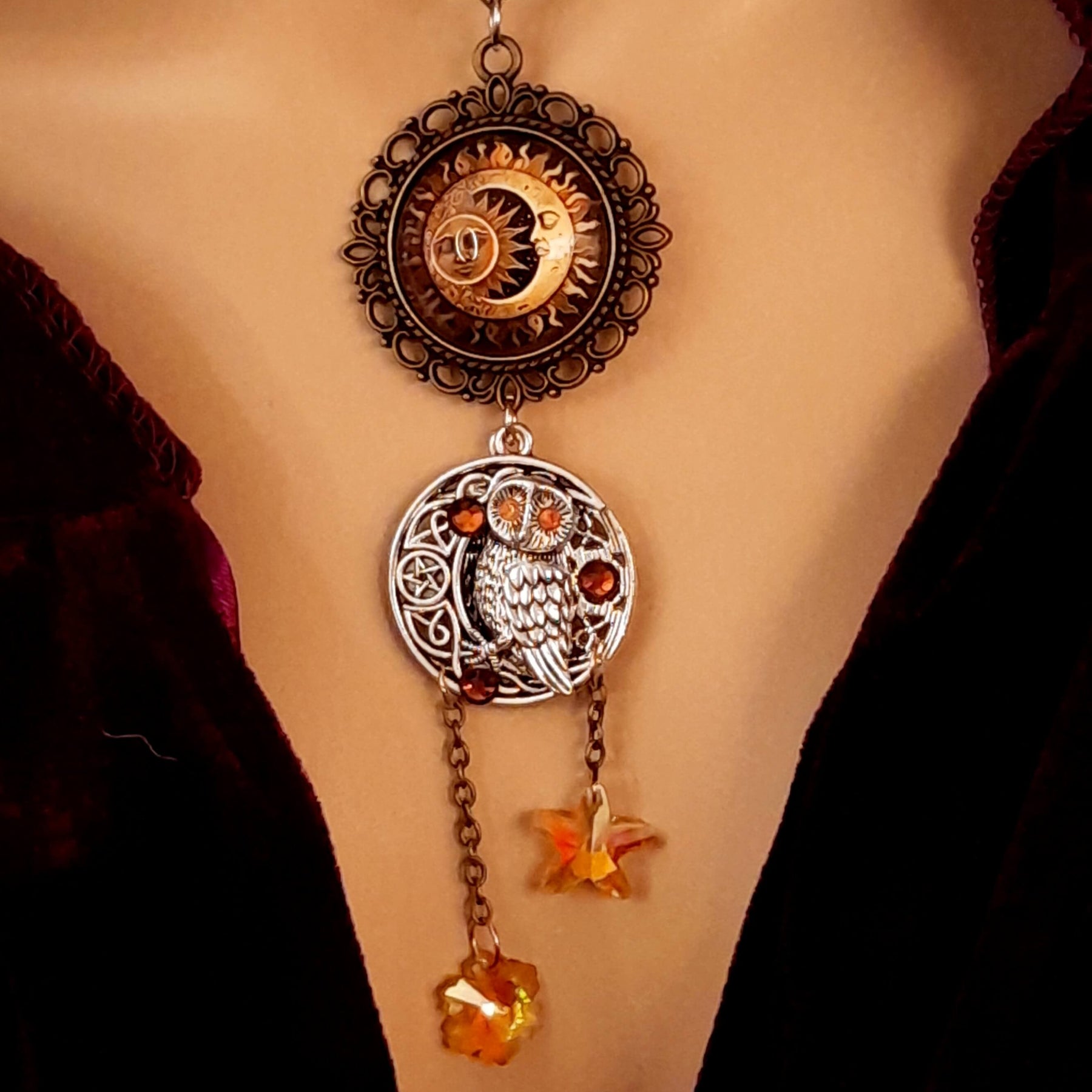 bohemian necklace moon and sunn cabochon owl and yellow crystal star and flower