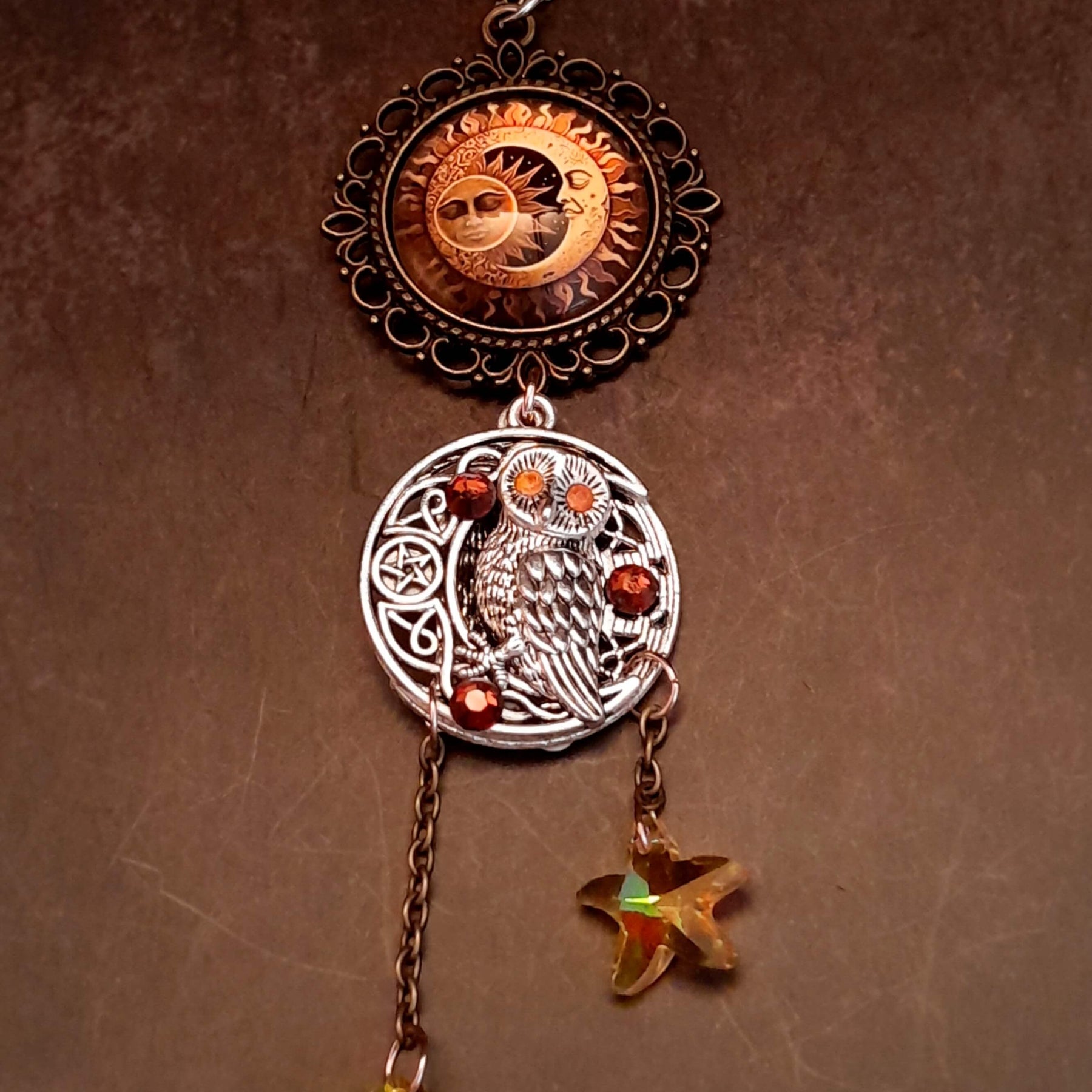 bohemian necklace moon and sunn cabochon owl and yellow crystal star and flower