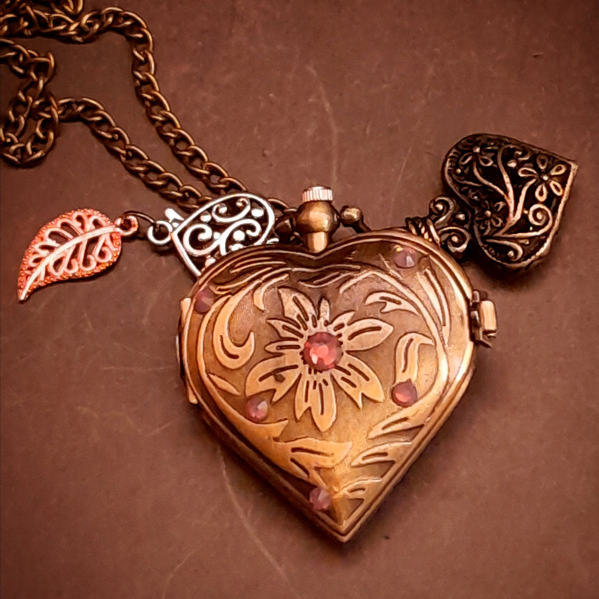 Handmade magical heart pocket watch necklace with lavender purple Swarovski crystals, Victorian vintage style fantasy jewelry