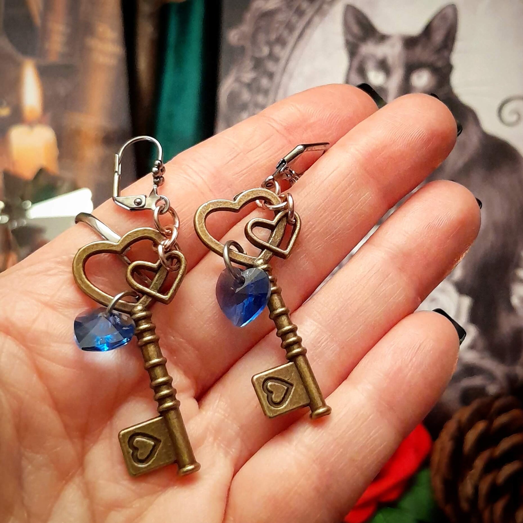 Blue Heart Key Earrings