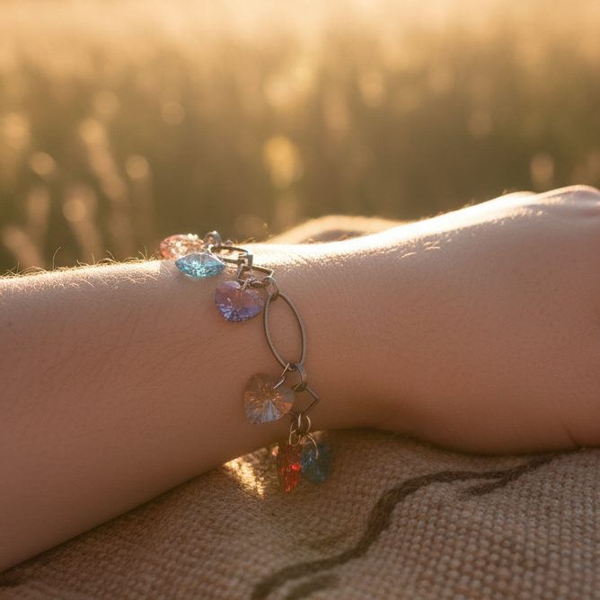 Lifestyle image of woman wearing your actual bracelet in natural sunlight