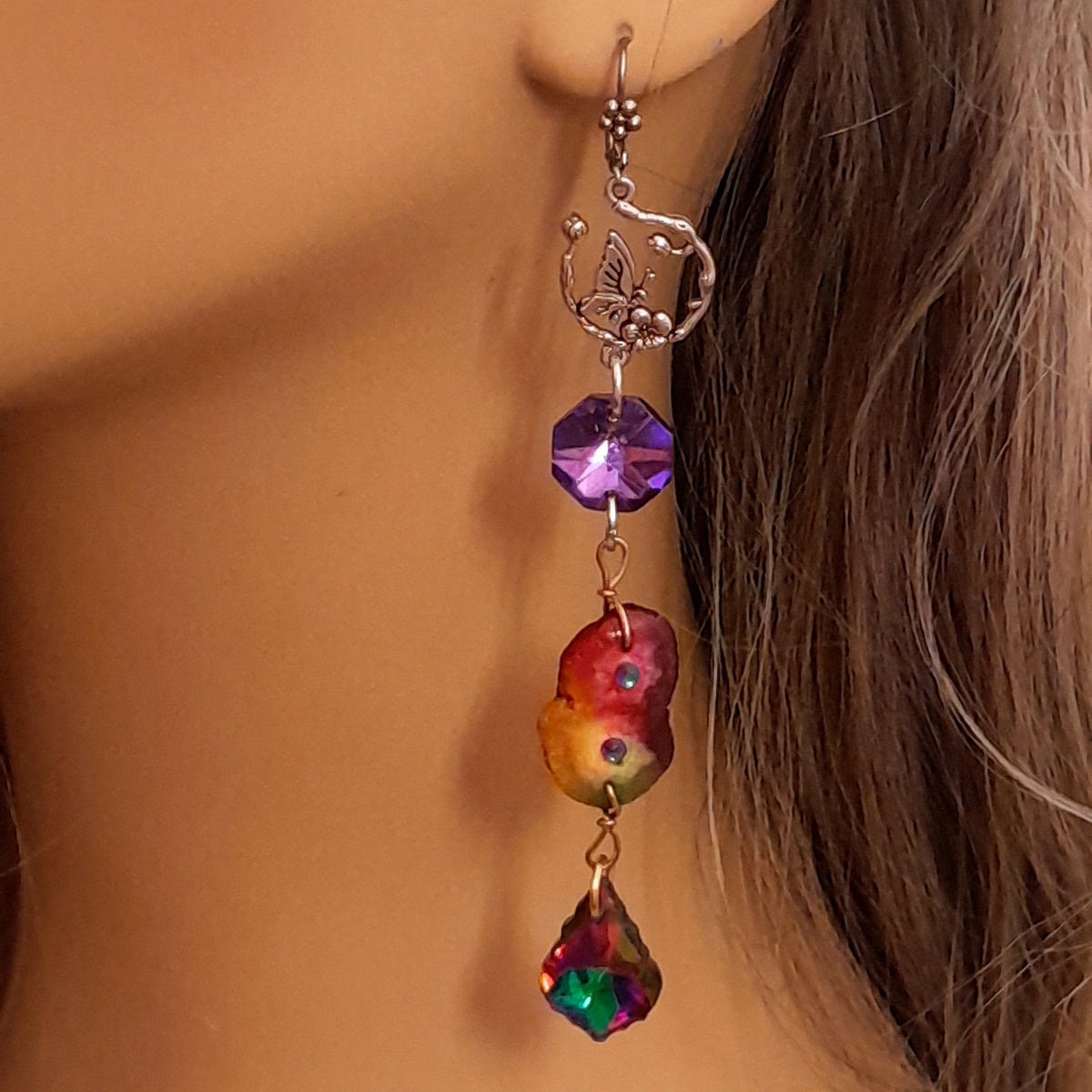 Magical rainbow multicolor long dangle earrings handmade fantasy Victorian style vintage style Swarovski crystal jewelry