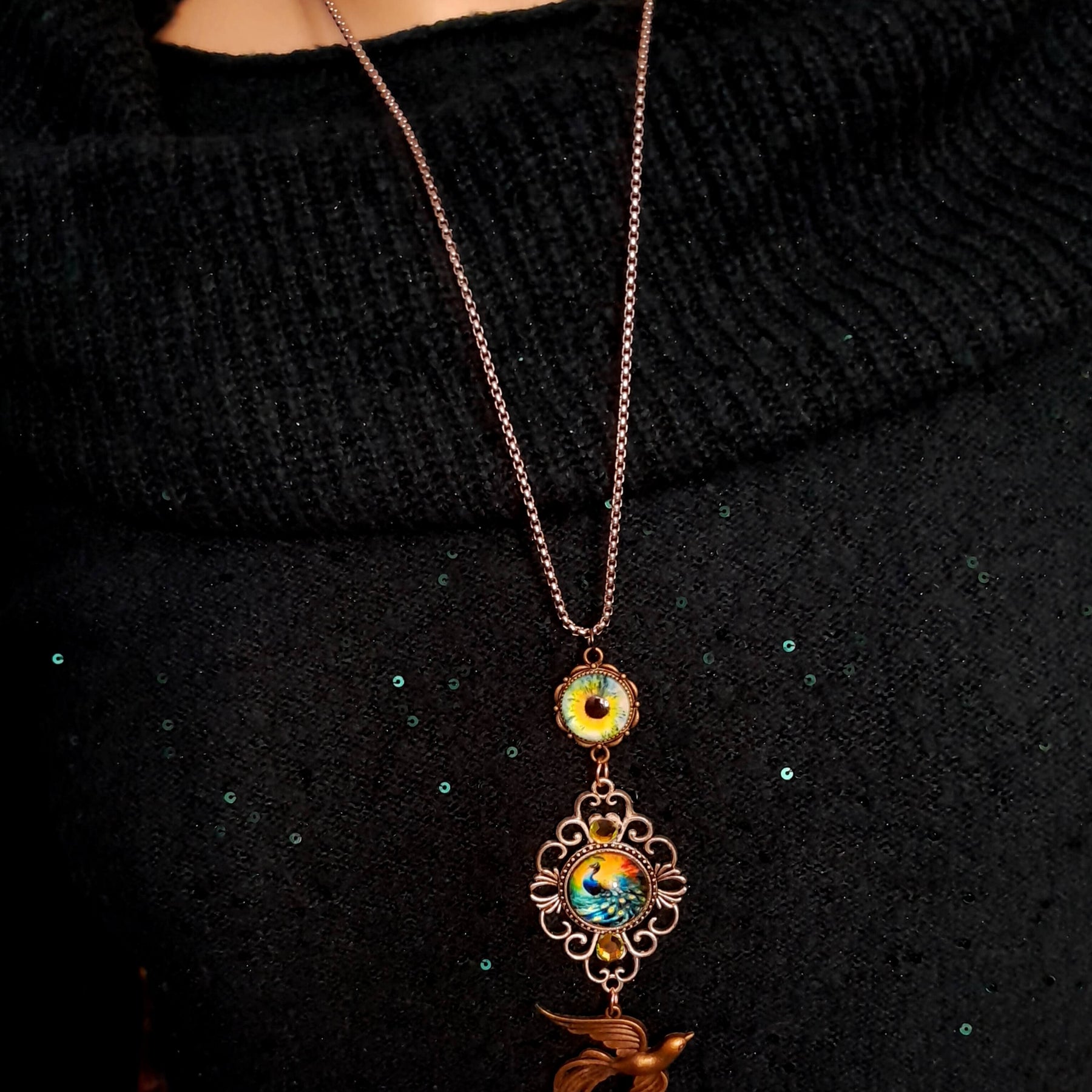 peacock cabochon peacock eye magical phoenix swarovski volcano and peridot crystals hidden fairies on the back