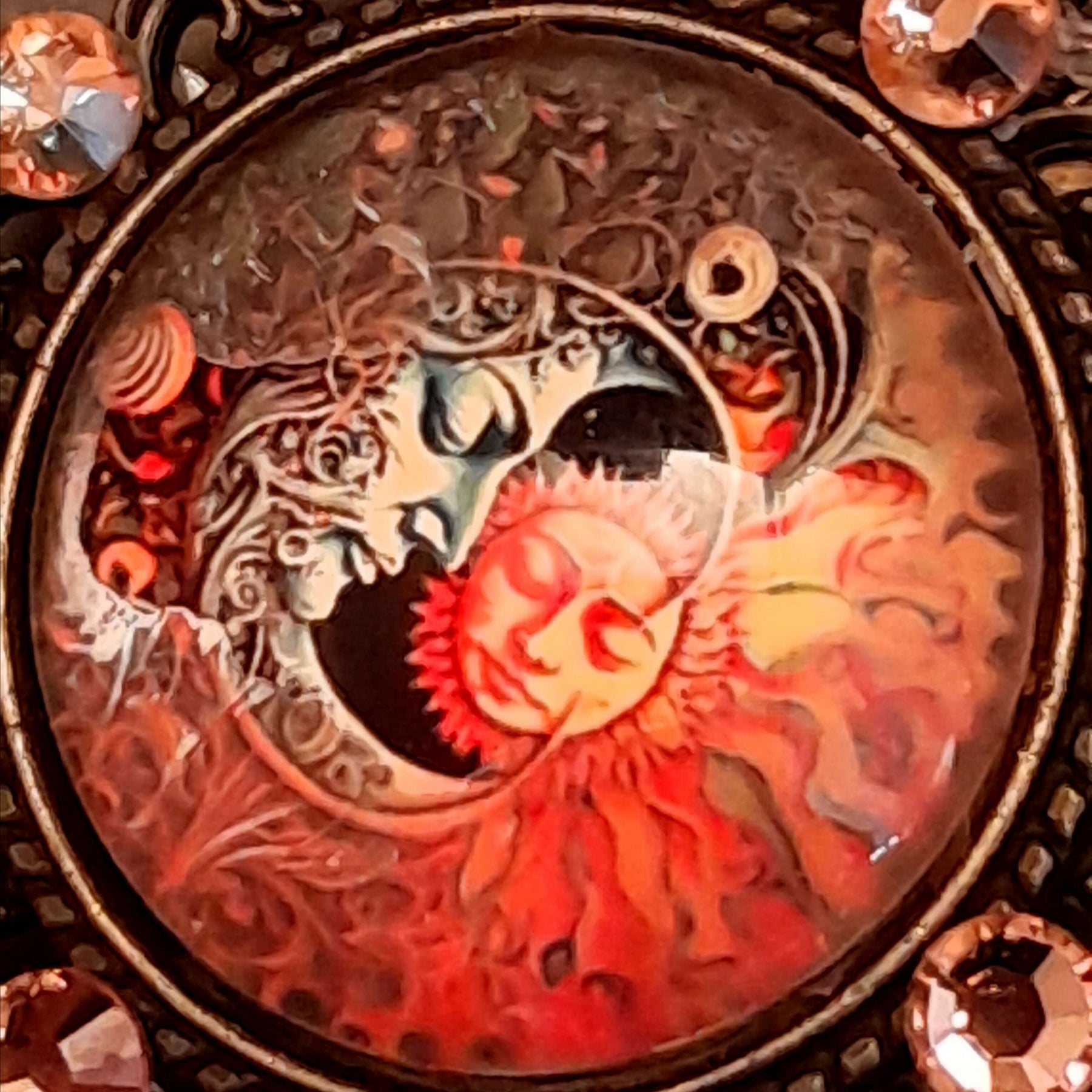 bohemian sun and moon cabochon necklace with stars and gold chain with stars and moons
