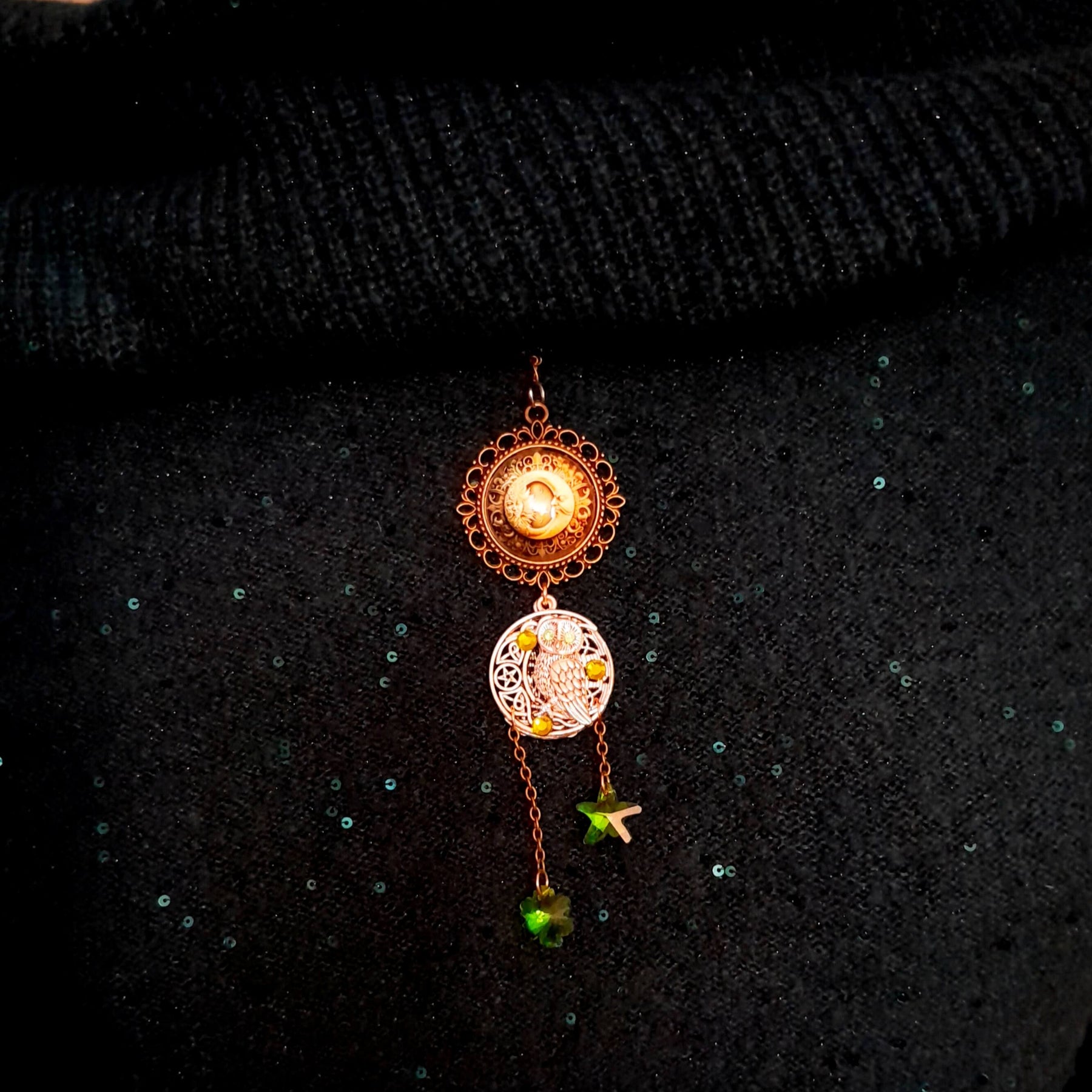 Moon sun cabochon necklace with a double sided owl and green swarovski crystals