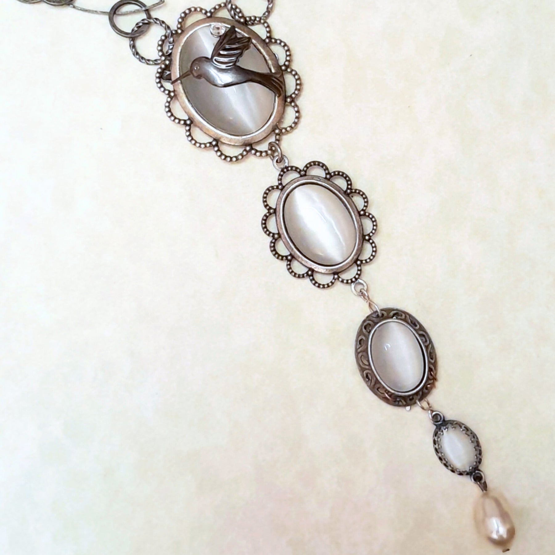 White Cat's Eye Hummingbird Necklace