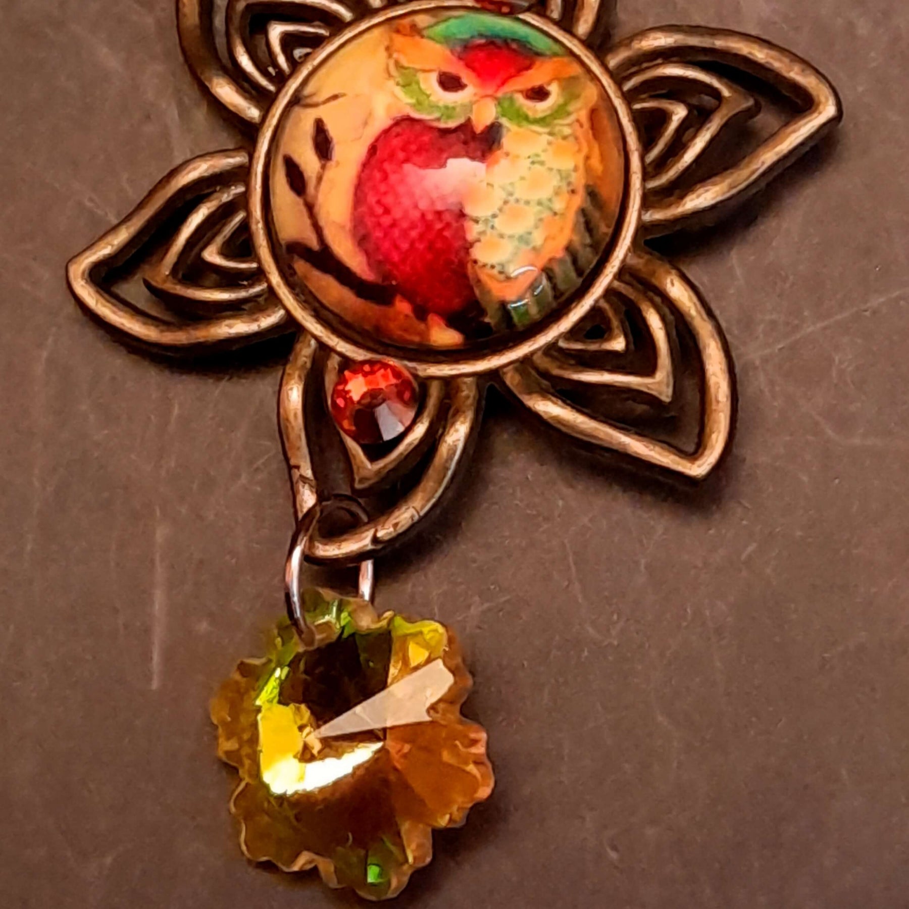 necklace with 3 owl cabochons with yellow backgrounds and Yellow Swarovski crystals