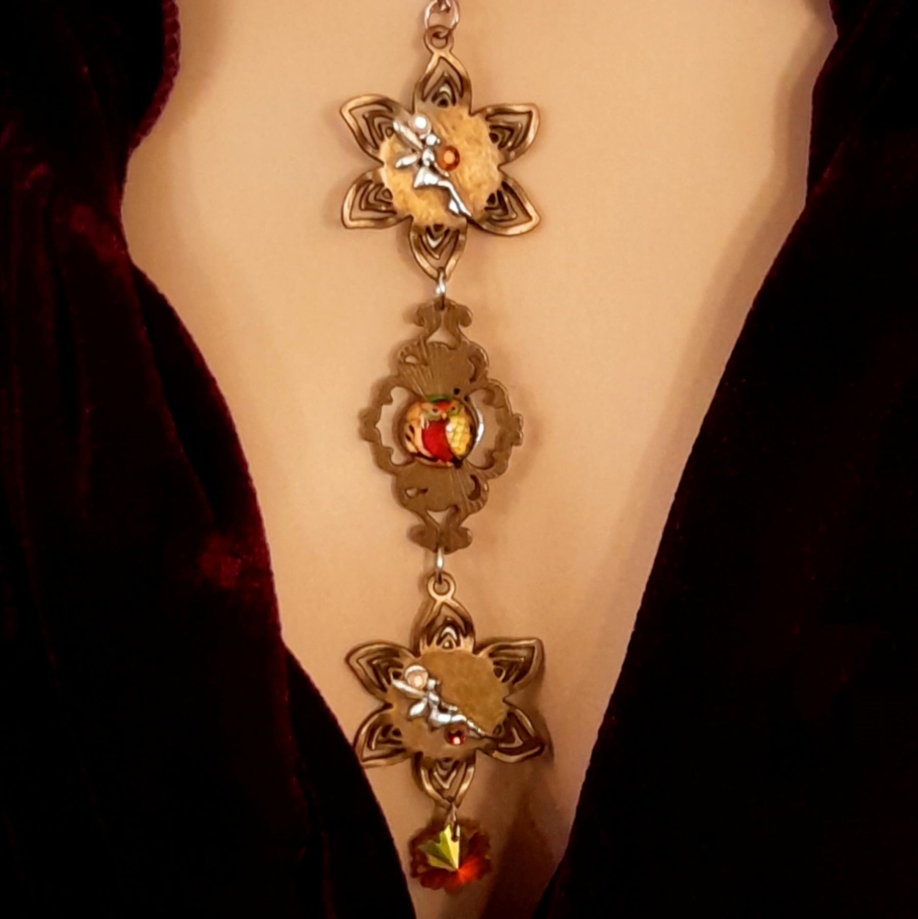 necklace with 3 owl cabochons with yellow backgrounds and Yellow Swarovski crystals