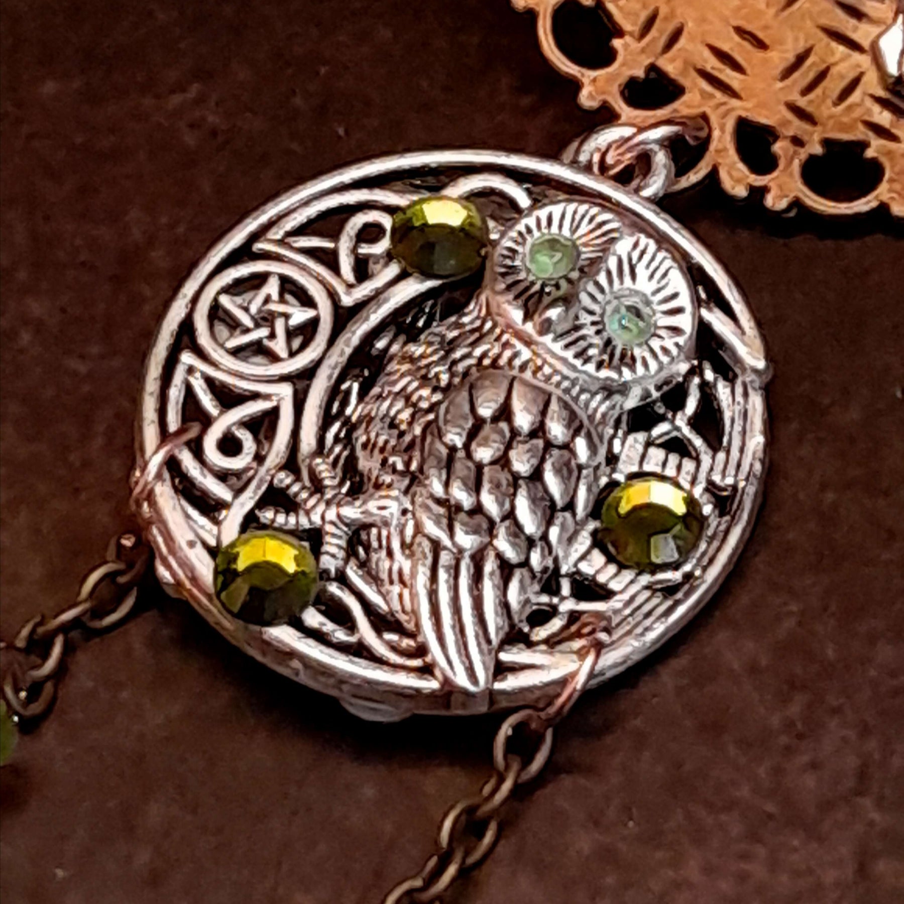 Moon sun cabochon necklace with a double sided owl and green swarovski crystals