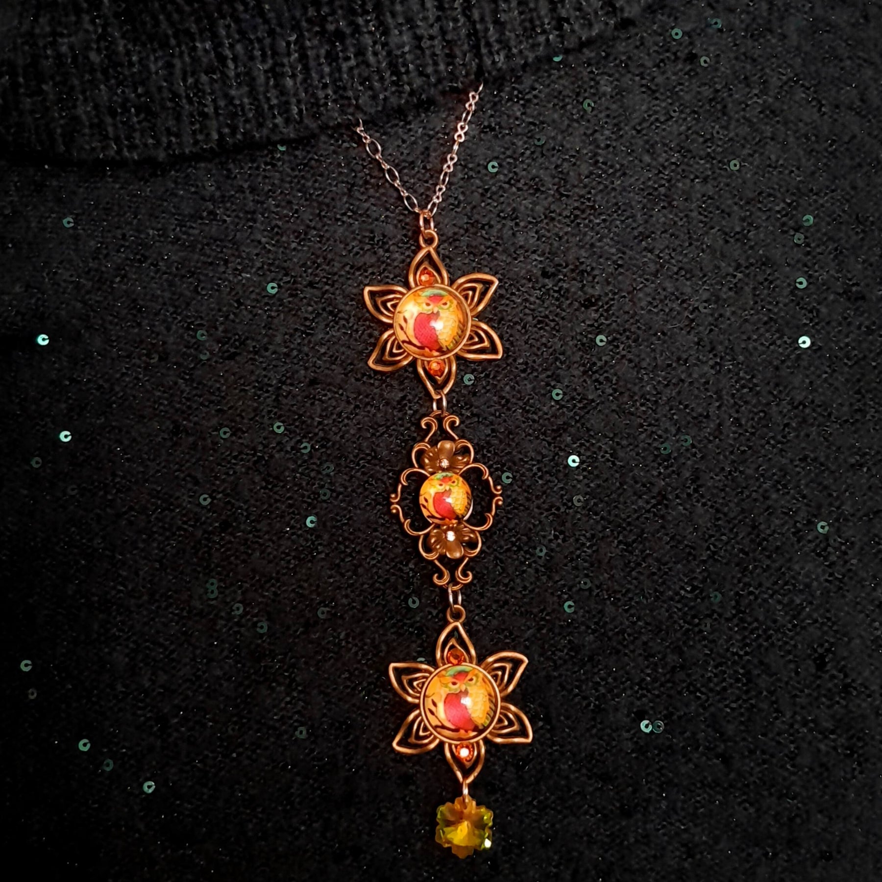 necklace with 3 owl cabochons with yellow backgrounds and Yellow Swarovski crystals