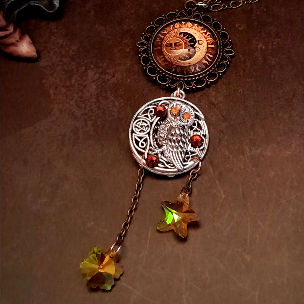 bohemian necklace moon and sunn cabochon owl and yellow crystal star and flower