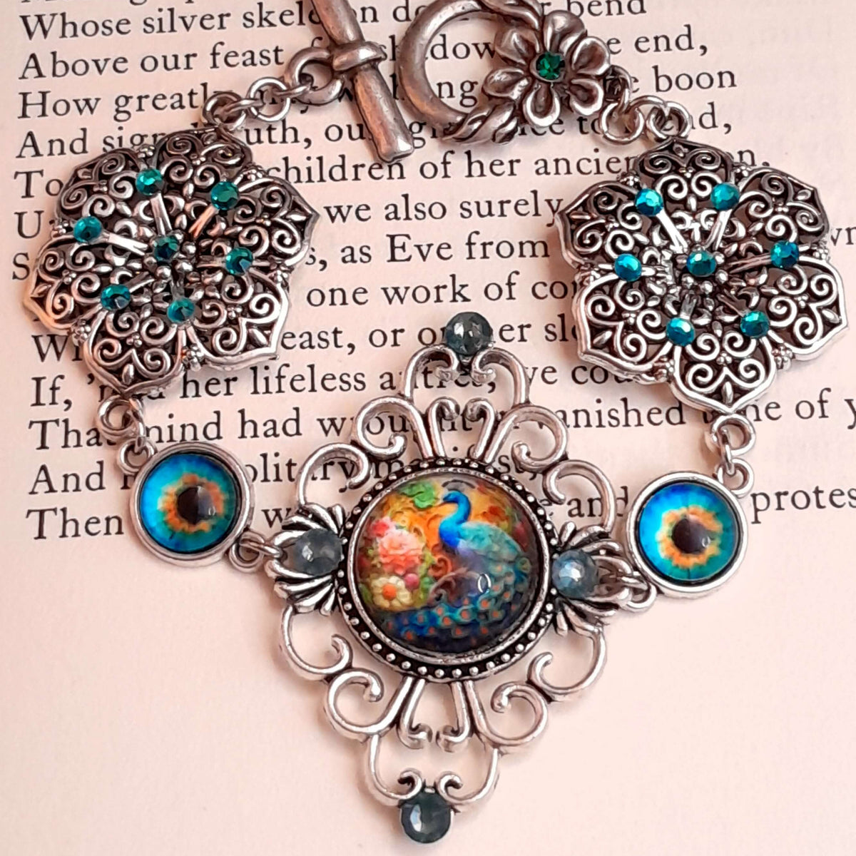 Turquoise Peacock Bracelet Boho Vintage Style colorful peacock eyes swarovski turquoise crystals flower clasp with crystal