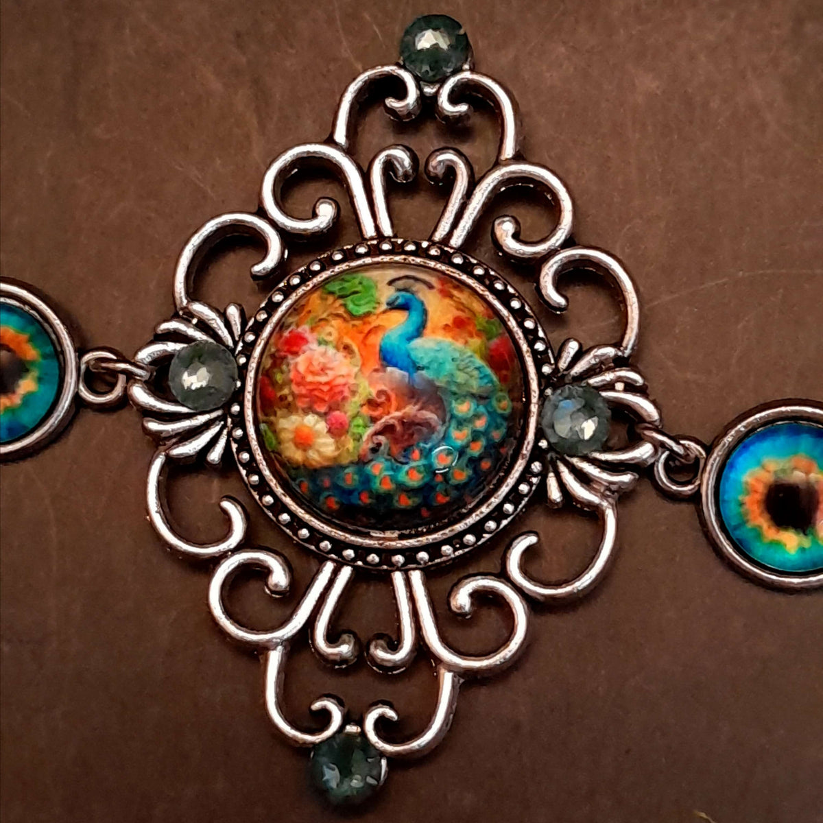 Turquoise Peacock Bracelet Boho Vintage Style colorful peacock eyes swarovski turquoise crystals flower clasp with crystal