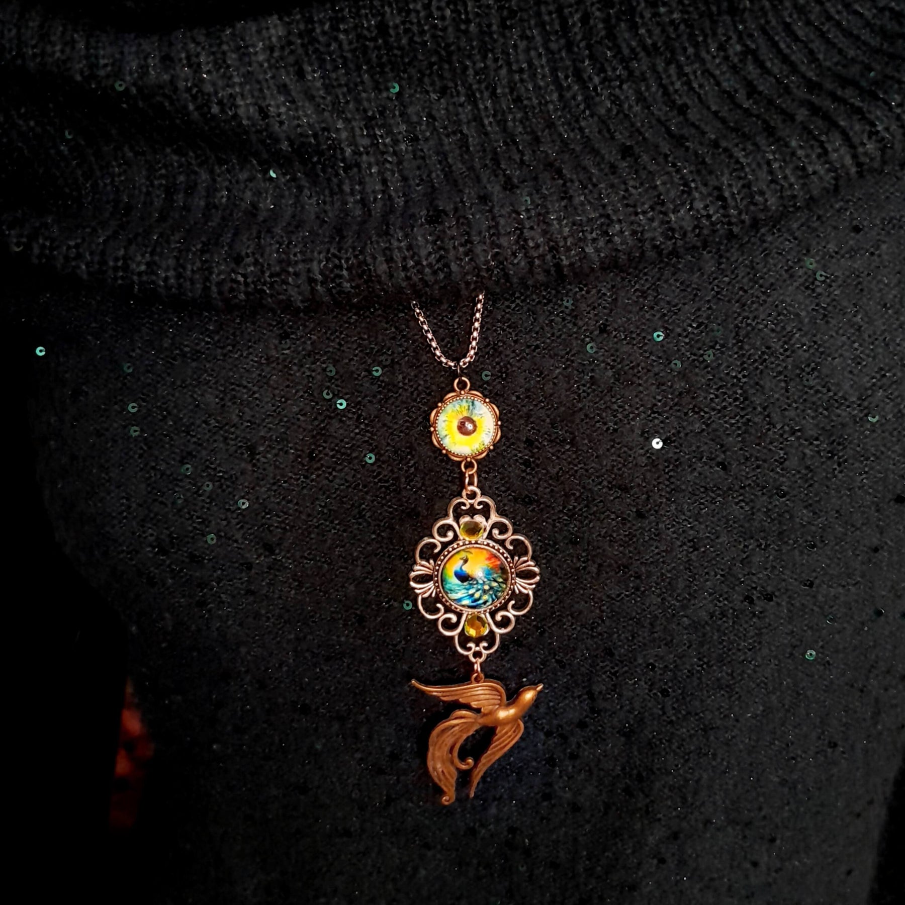 peacock cabochon peacock eye magical phoenix swarovski volcano and peridot crystals hidden fairies on the back