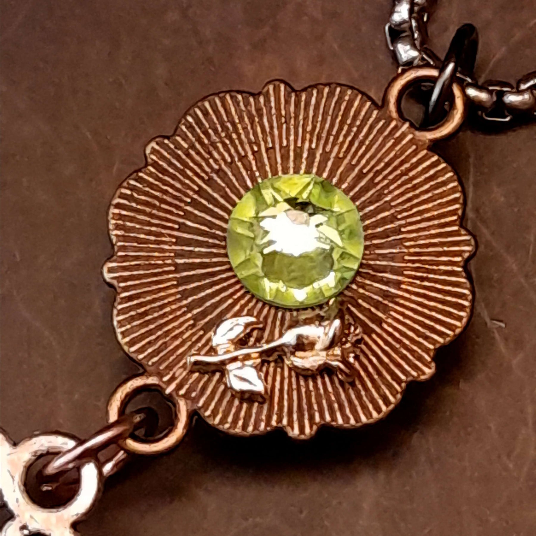 peacock cabochon peacock eye magical phoenix swarovski volcano and peridot crystals hidden fairies on the back