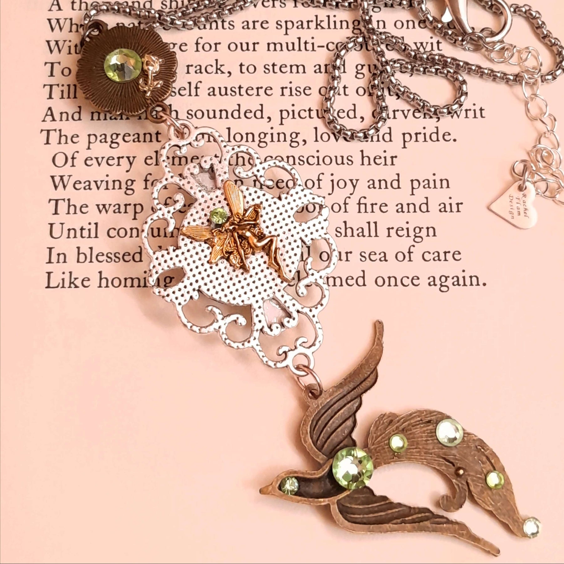 peacock cabochon peacock eye magical phoenix swarovski volcano and peridot crystals hidden fairies on the back