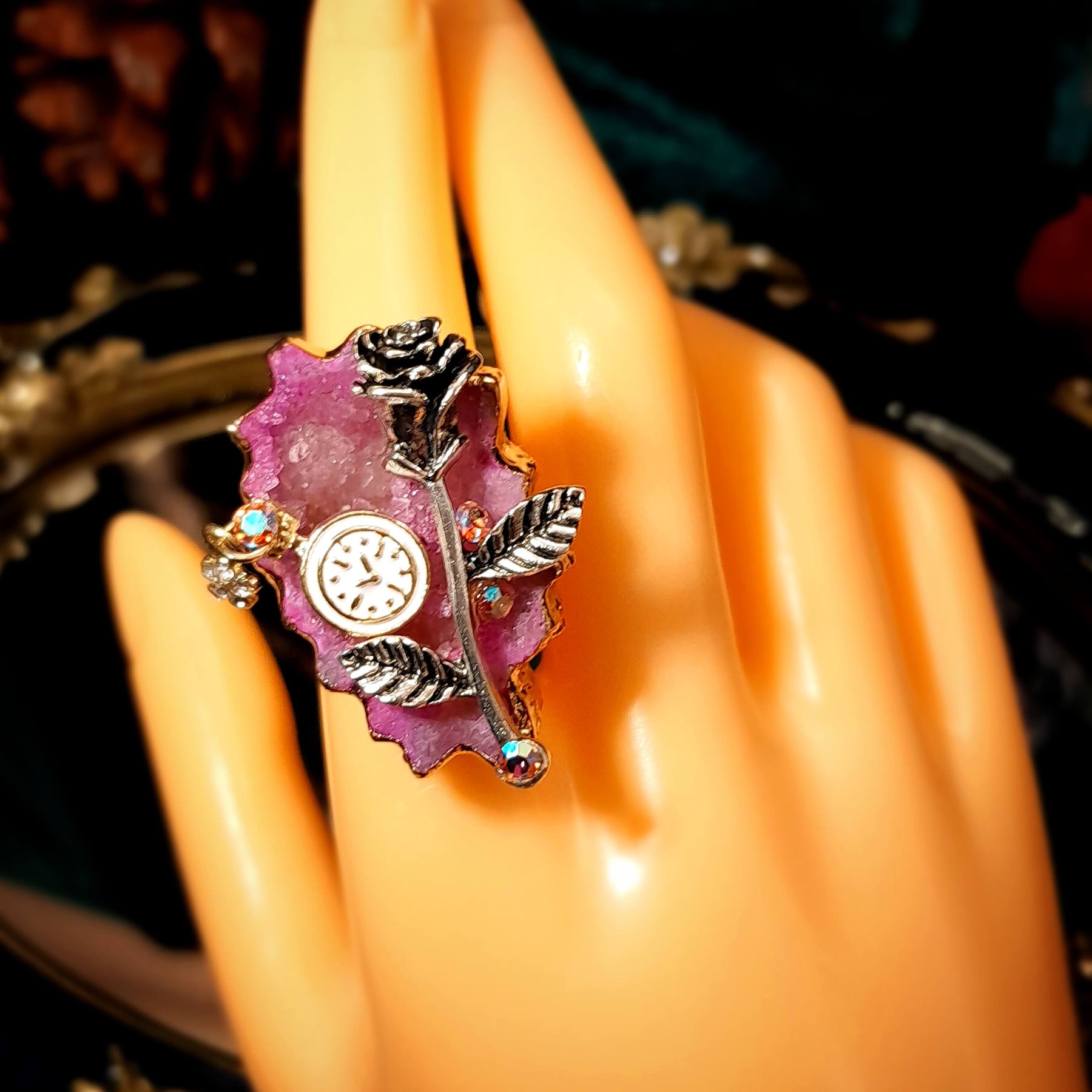 Large Pink Geode Rose Statement Ring