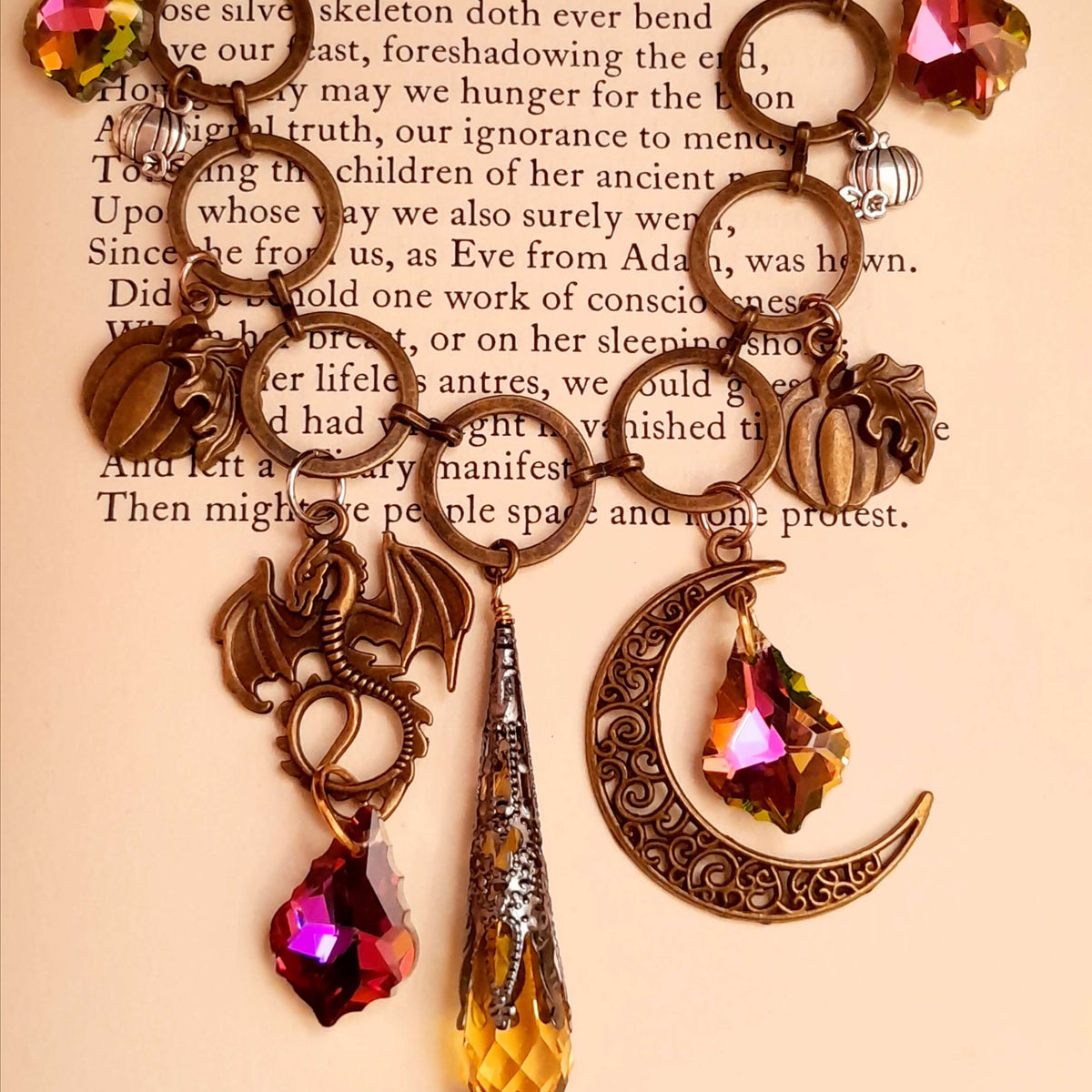 statement necklace with pumpkins dragon leaves brass filigree moon baroque crystals and swarovski yellow icicle crystal round links unique chain