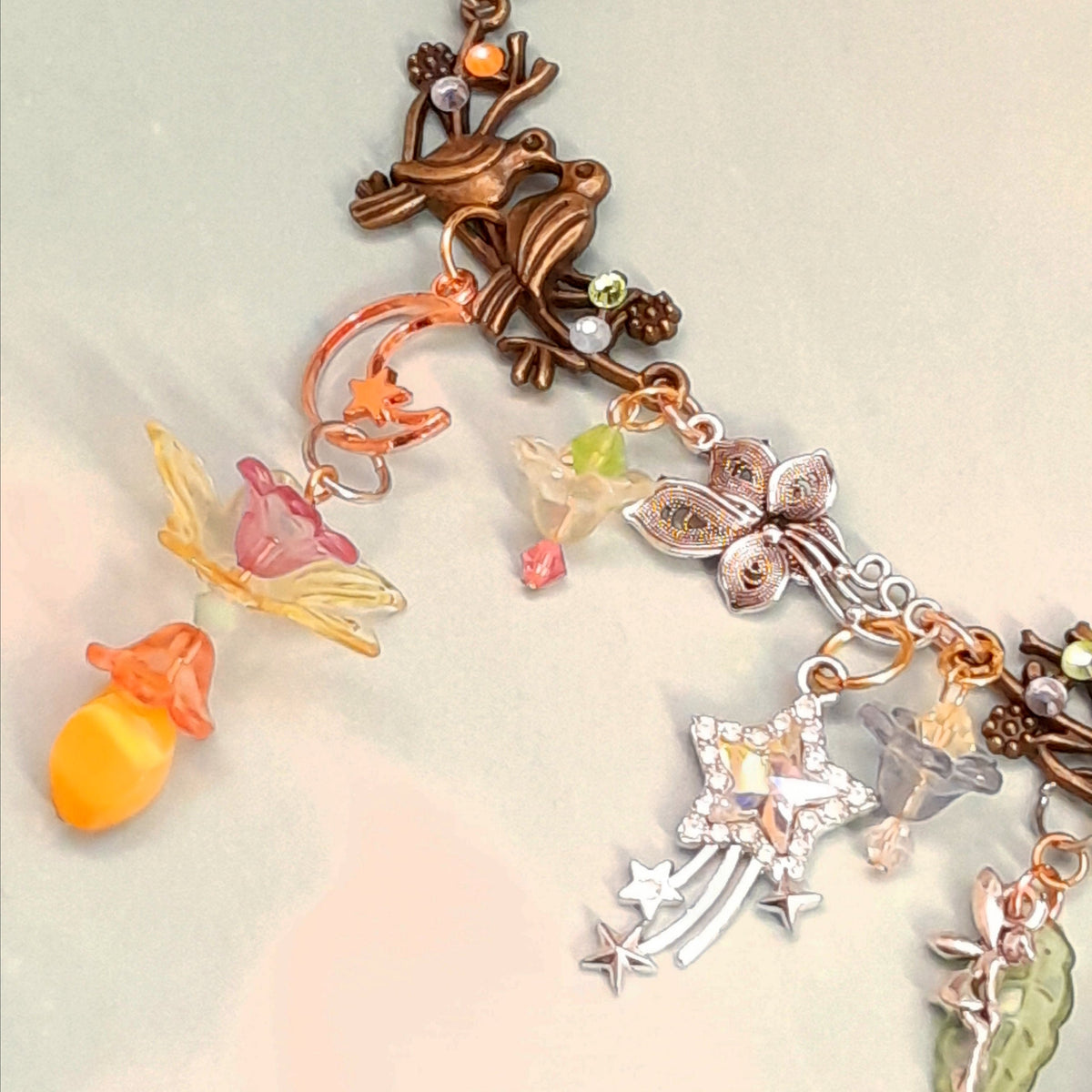One-of-a-kind magical fantasy bird necklace with rainbow Swarovski crystals, handmade boho Victorian style vintage style necklace