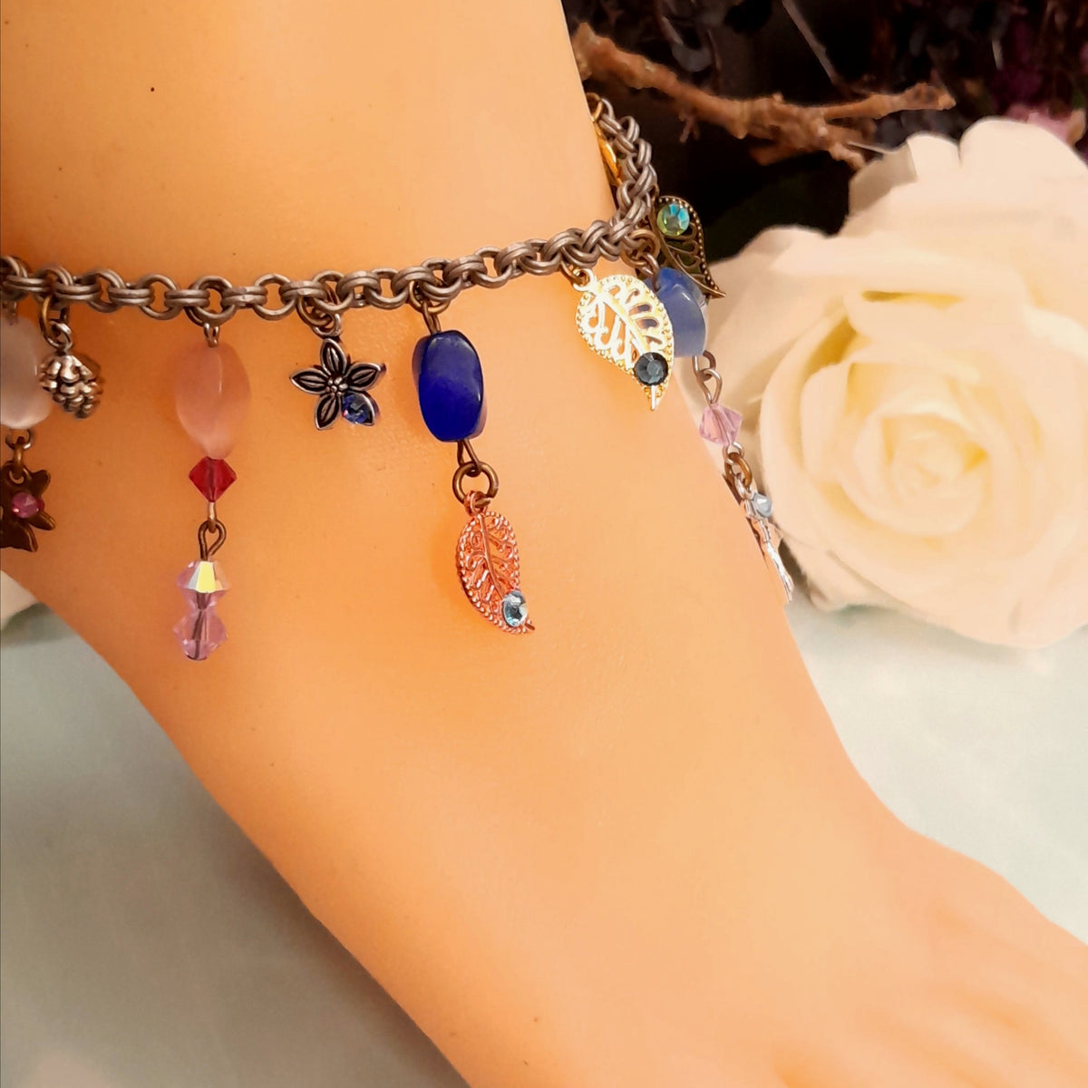 Handmade magical fantasy rainbow nature anklet with flowers, leaves and genuine Austrian crystals, Victorian style vintage style, colorful boho fairy jewelry