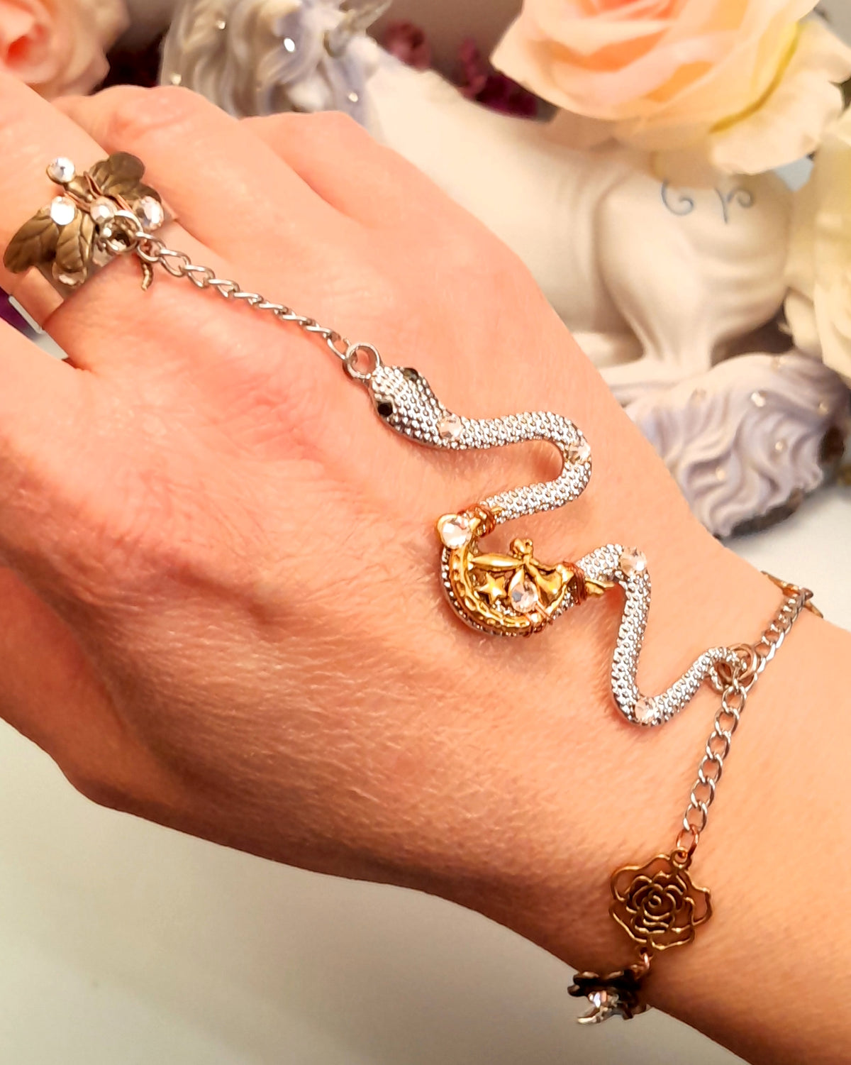 Hand Chain Snake & Dragonfly Ring