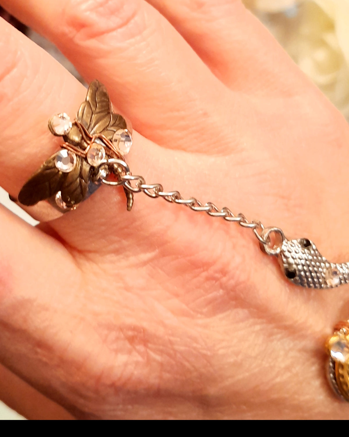Hand Chain Snake & Dragonfly Ring