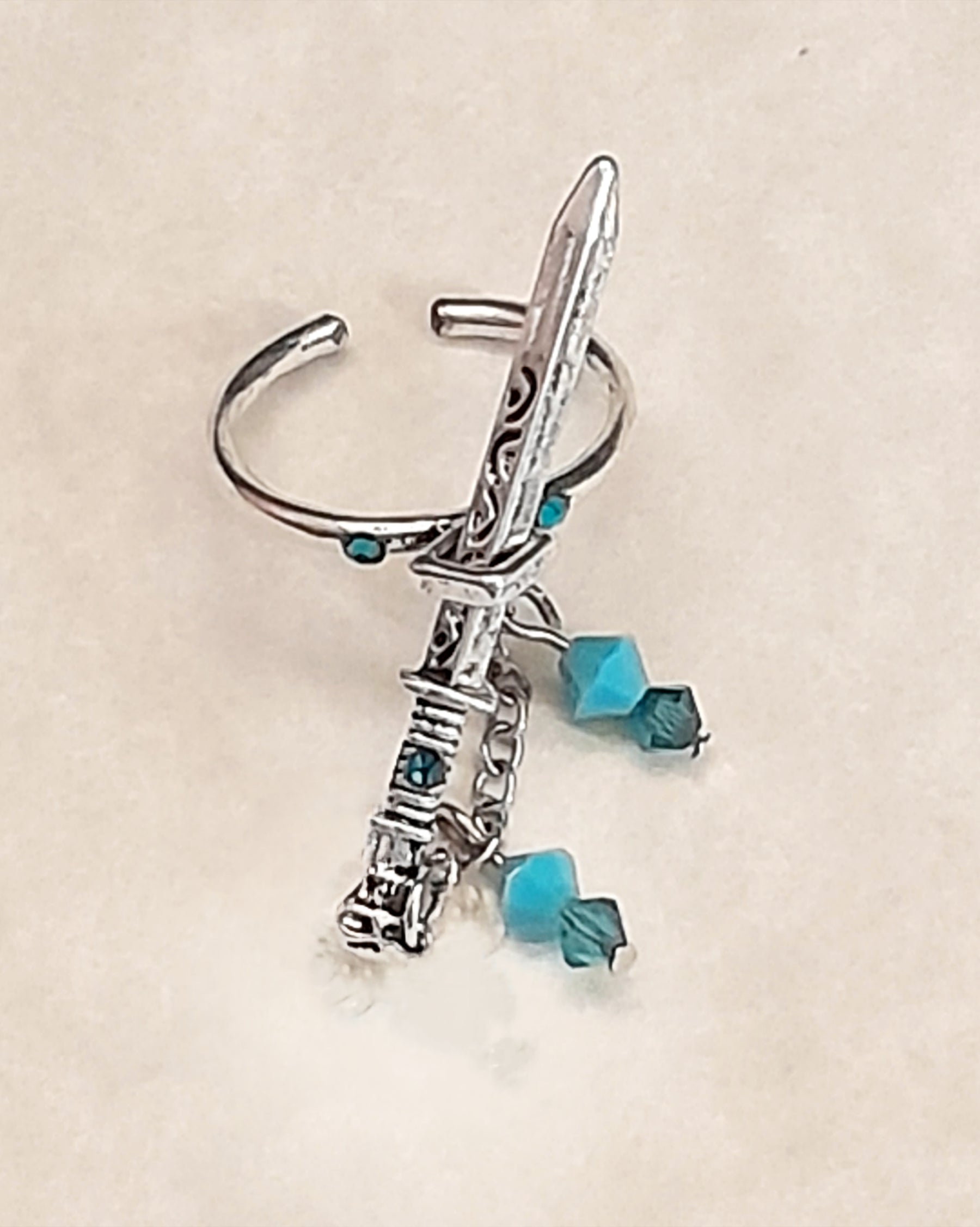 Adjustable Fantasy Sword Ring with Turquoise Crystals