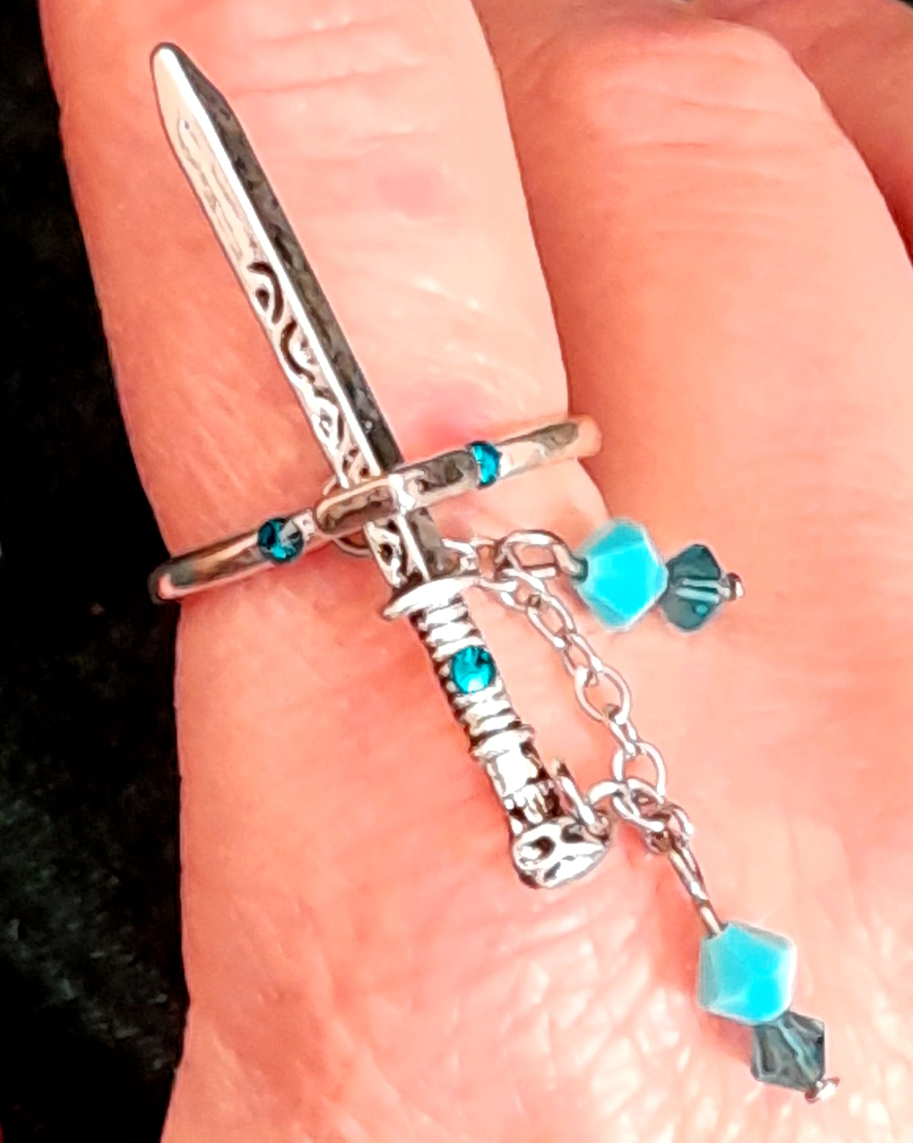 Adjustable Fantasy Sword Ring with Turquoise Crystals