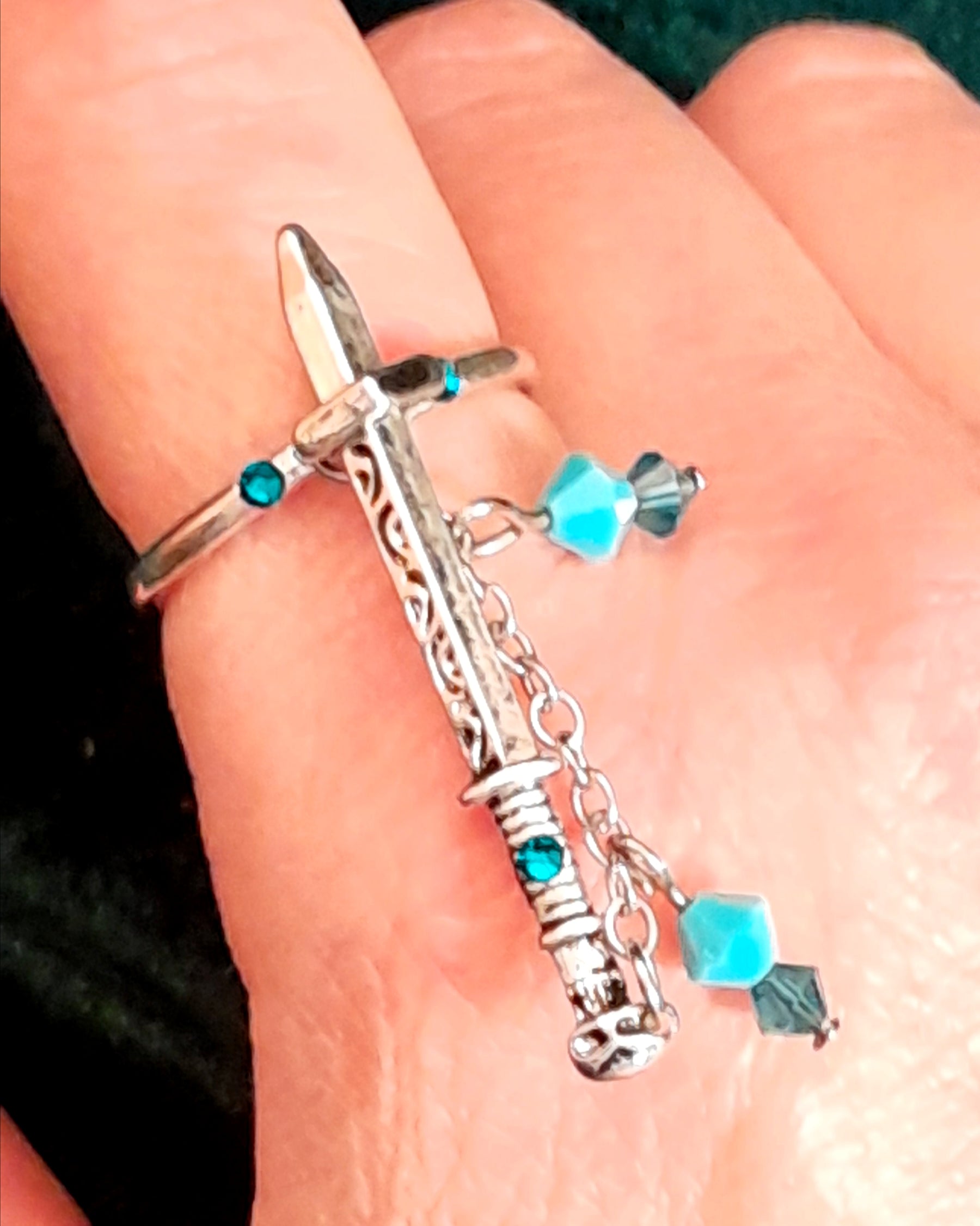 Adjustable Fantasy Sword Ring with Turquoise Crystals