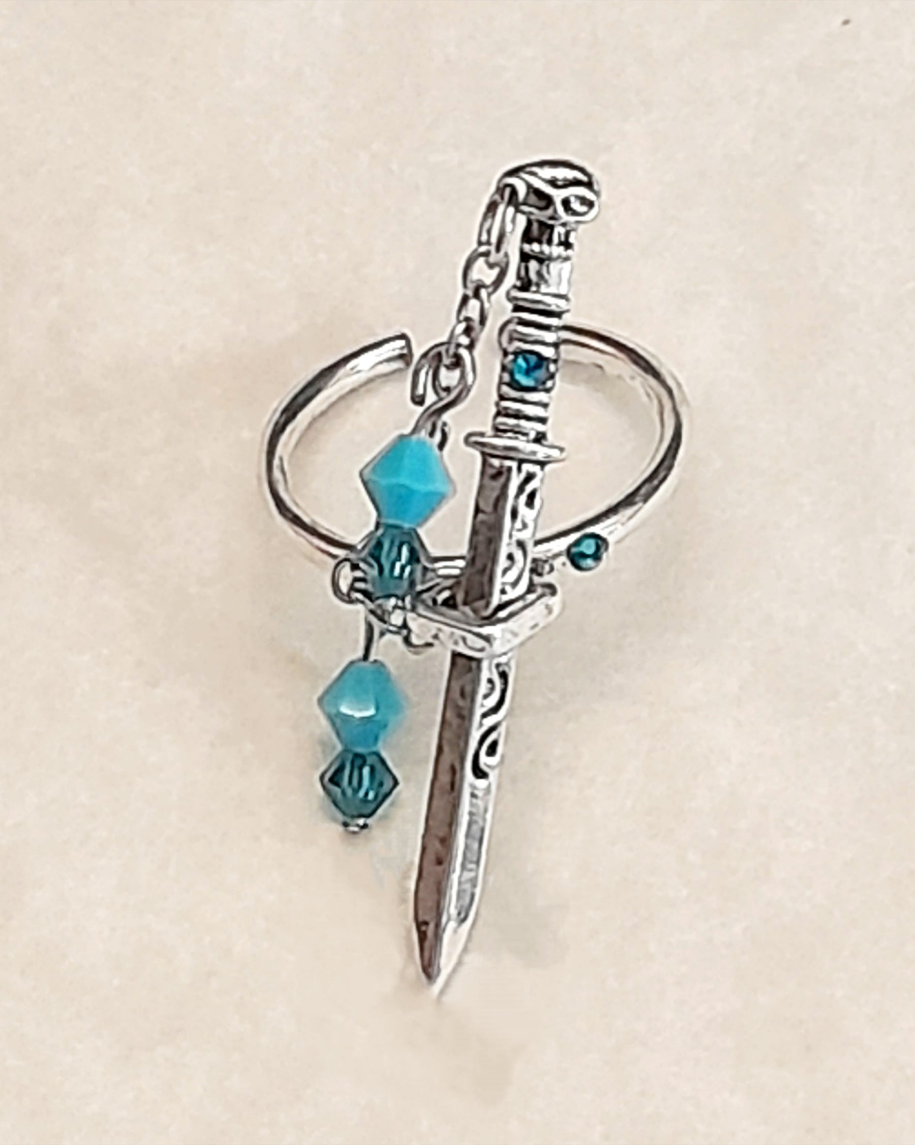 Adjustable Fantasy Sword Ring with Turquoise Crystals